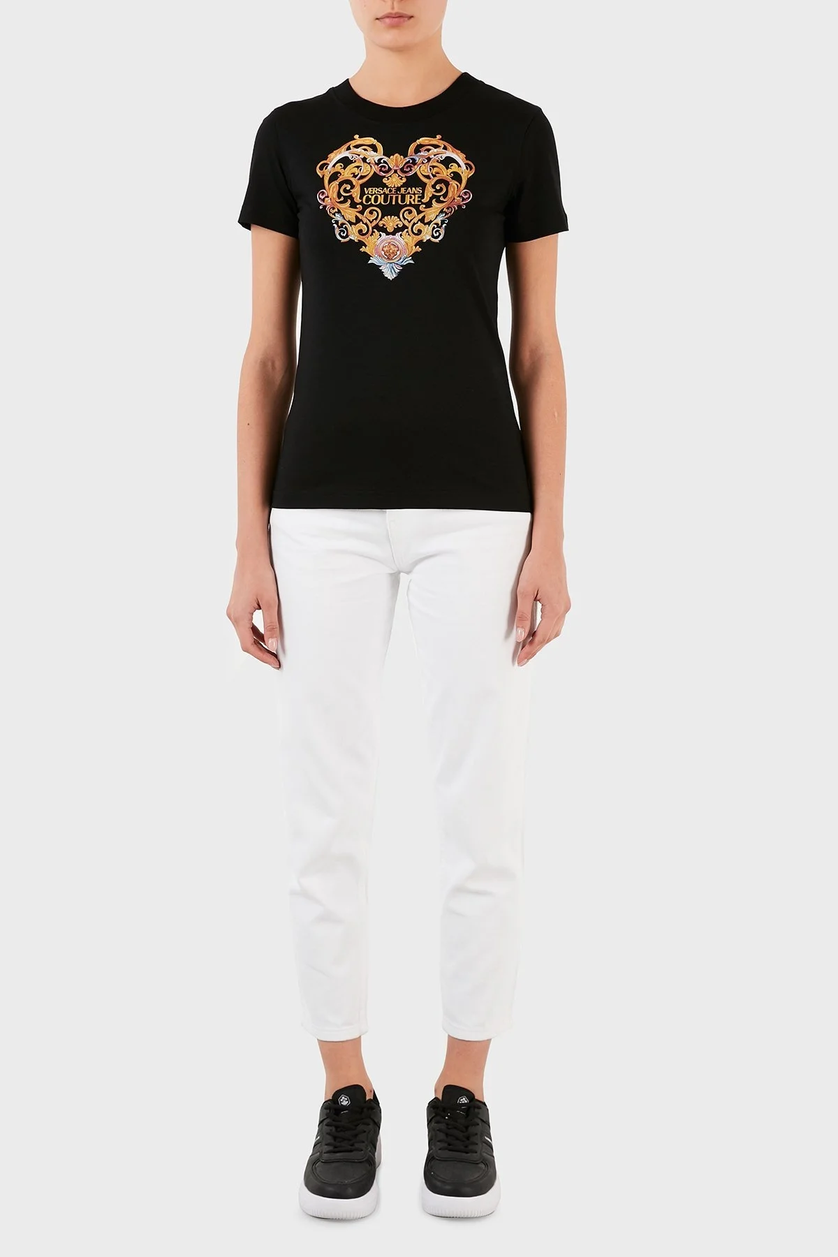 Versace Jeans Couture Desenli % 100 Pamuk Bisiklet Yaka Bayan T Shirt B2HWA7PD 30457 899 SİYAH - 5