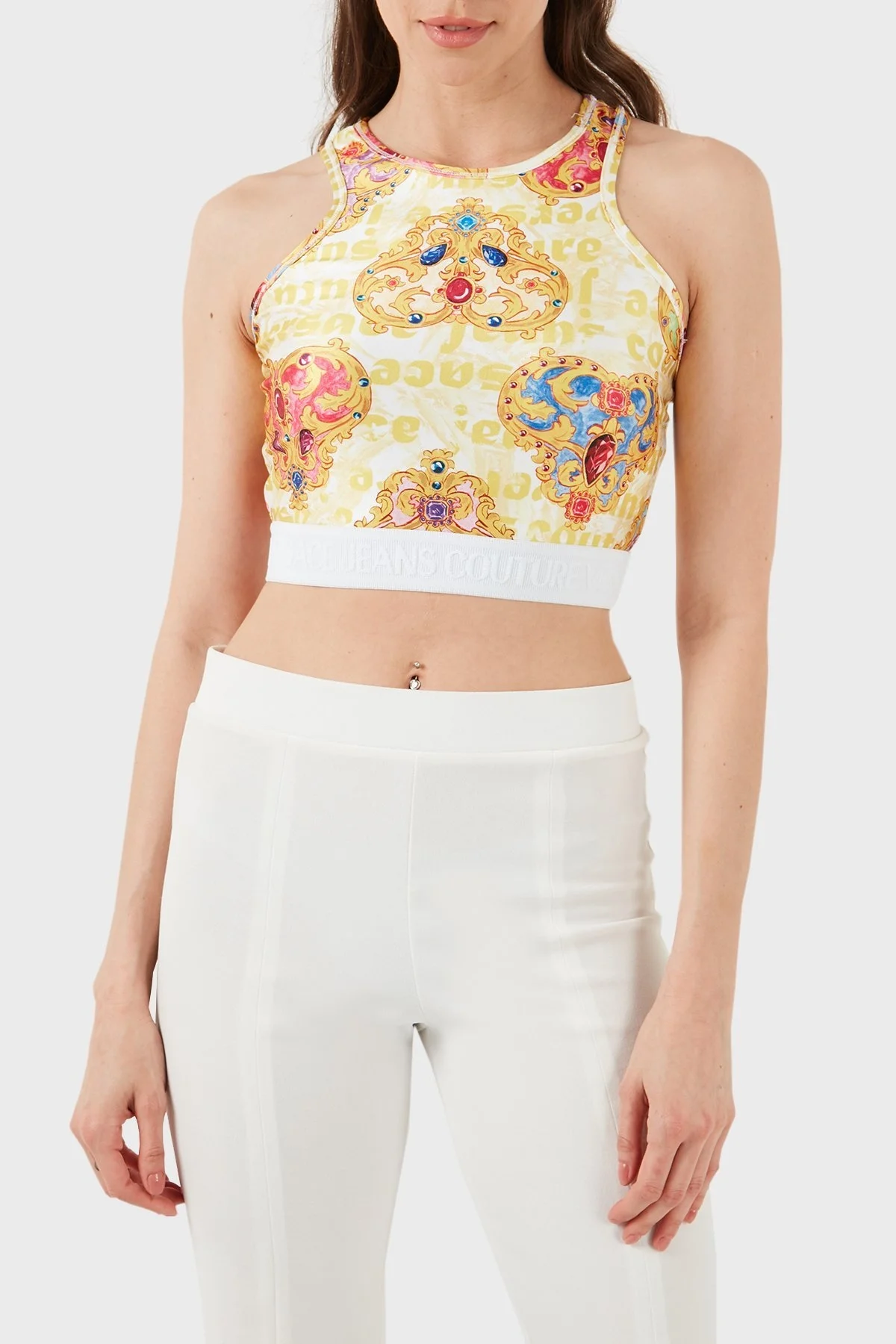 Versace Jeans Couture Cropped Fit Bisiklet Yaka Bayan Top 76HAM227 JS348 G03 BEYAZ-GOLD - 1