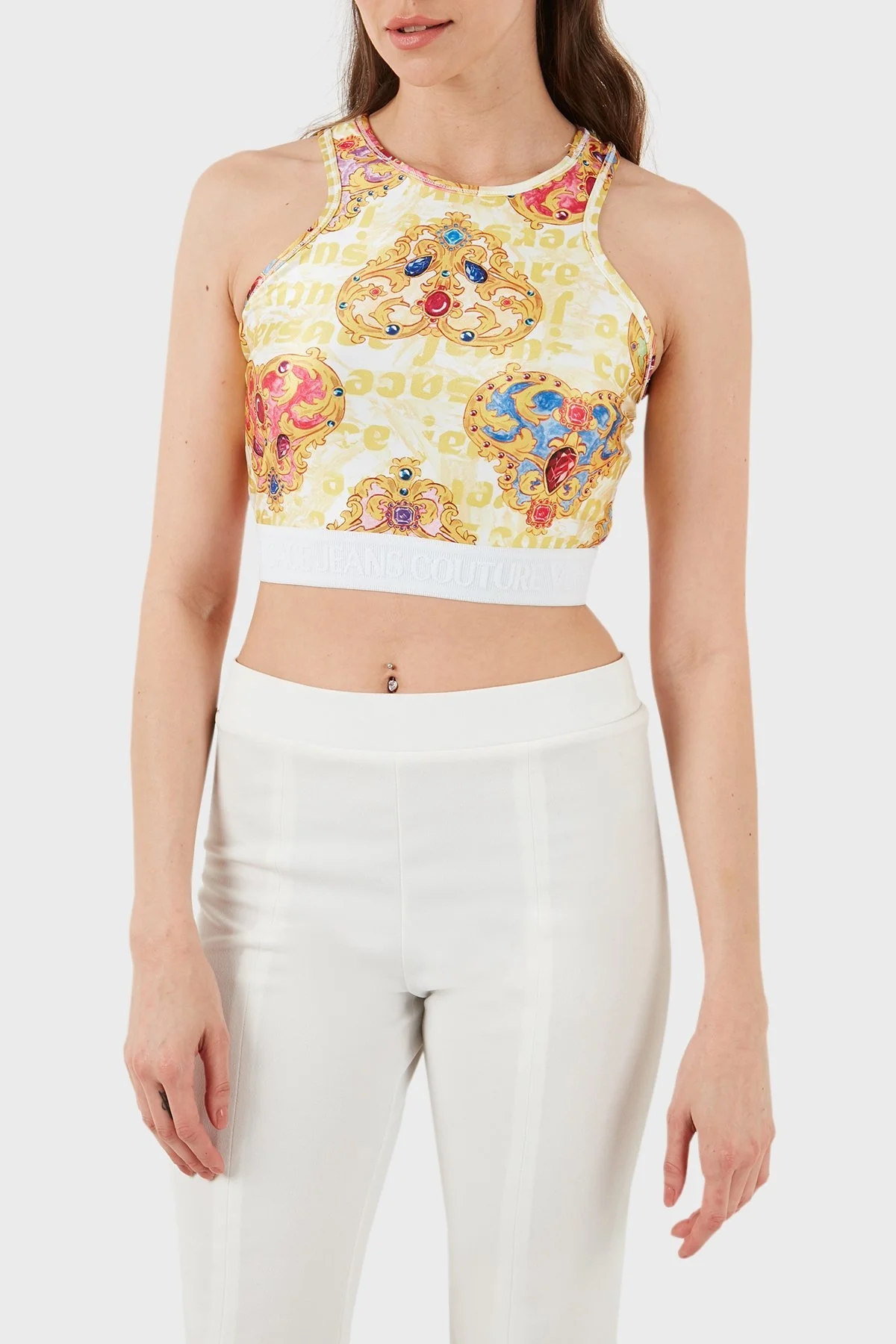 Versace Jeans Couture Cropped Fit Bisiklet Yaka Bayan Top 76HAM227 JS348 G03 BEYAZ-GOLD - 6