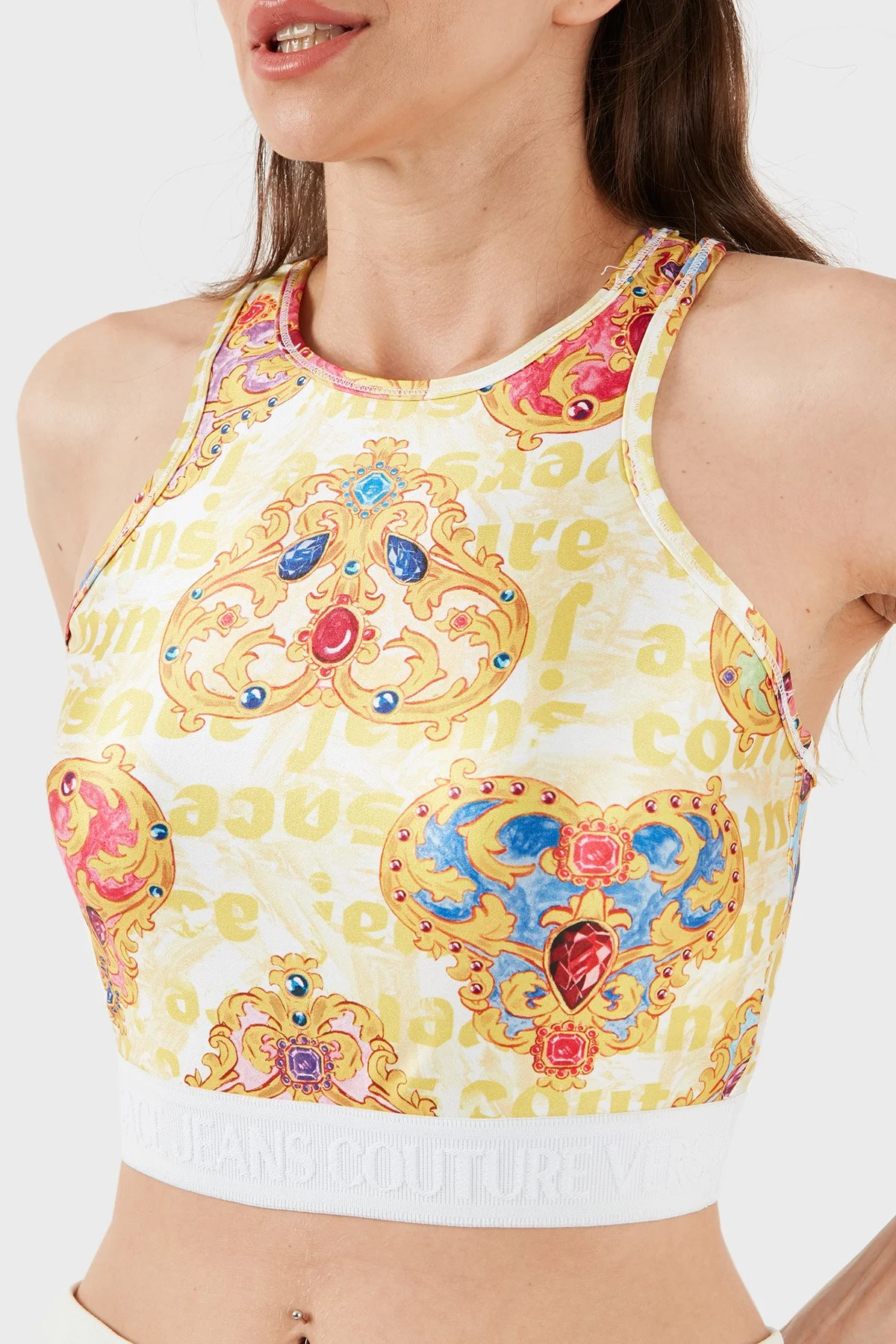 Versace Jeans Couture Cropped Fit Bisiklet Yaka Kadın Top 76HAM227 JS348 G03 BEYAZ-GOLD - 5