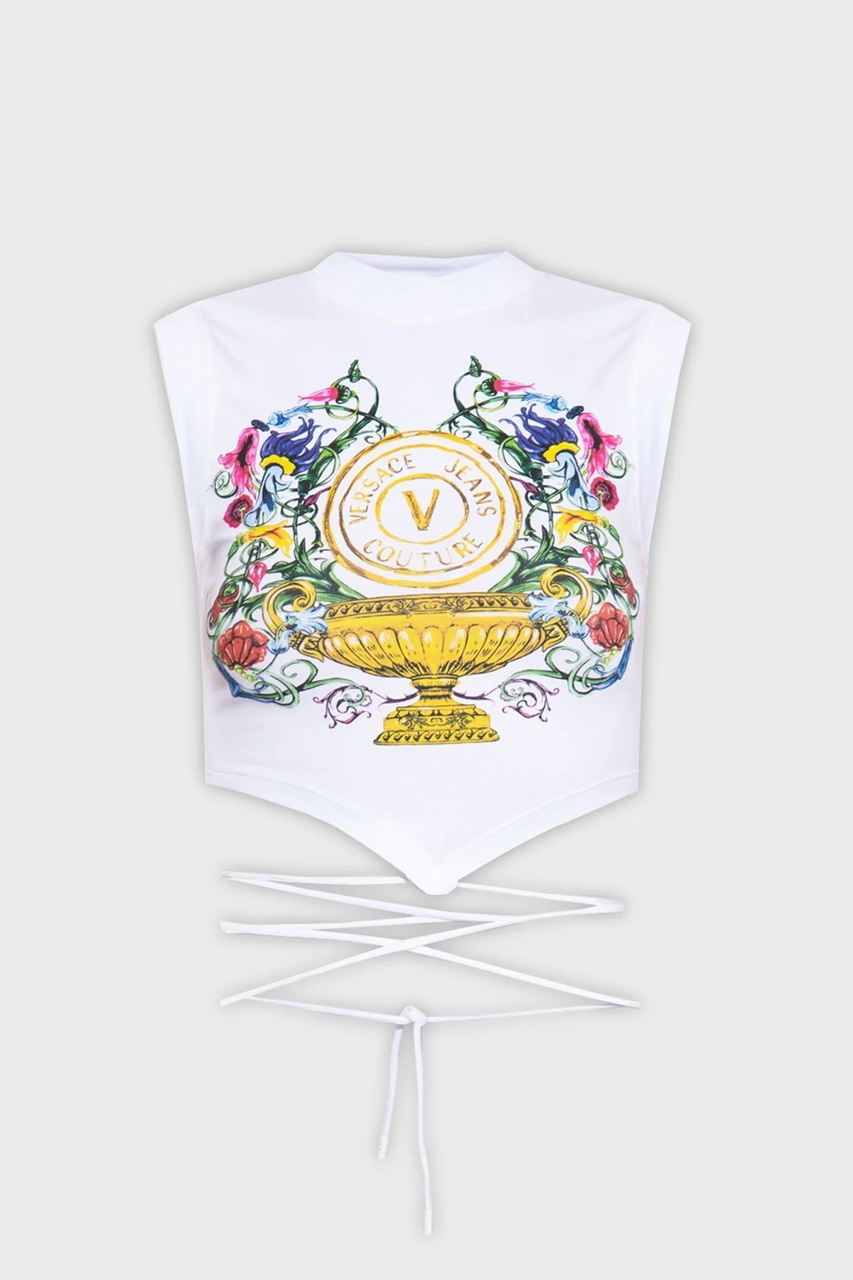 Versace Jeans Couture Desenli Bağlama Detaylı Slim Fit Bayan Top 74HAMF01 CJ07F G03 BEYAZ - 5