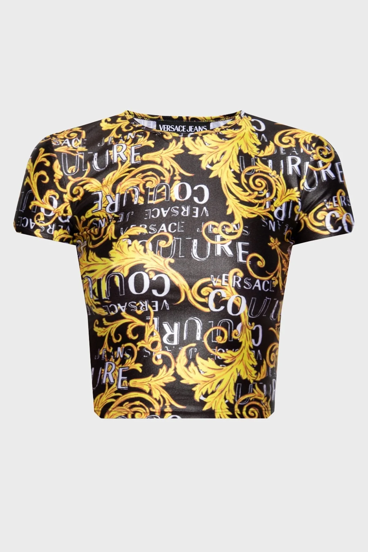 Versace Jeans Couture Desenli Bisiklet Yaka Cropped Fit Bayan T Shirt 74HAH602 JS178 G89 SİYAH - 5