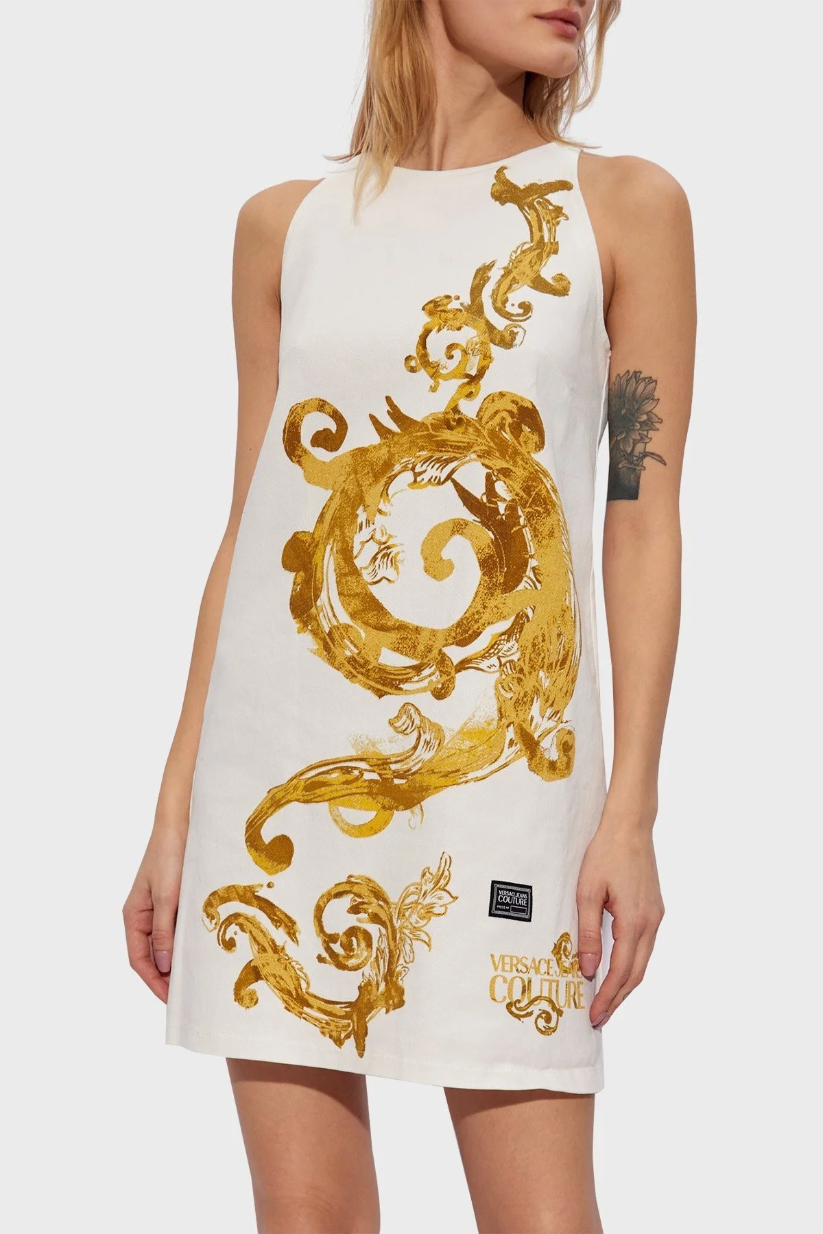 Versace Jeans Couture Desenli Bisiklet Yaka Mini Bayan Elbise 76HAO99P ES108SW0 G03 BEYAZ-GOLD - 1