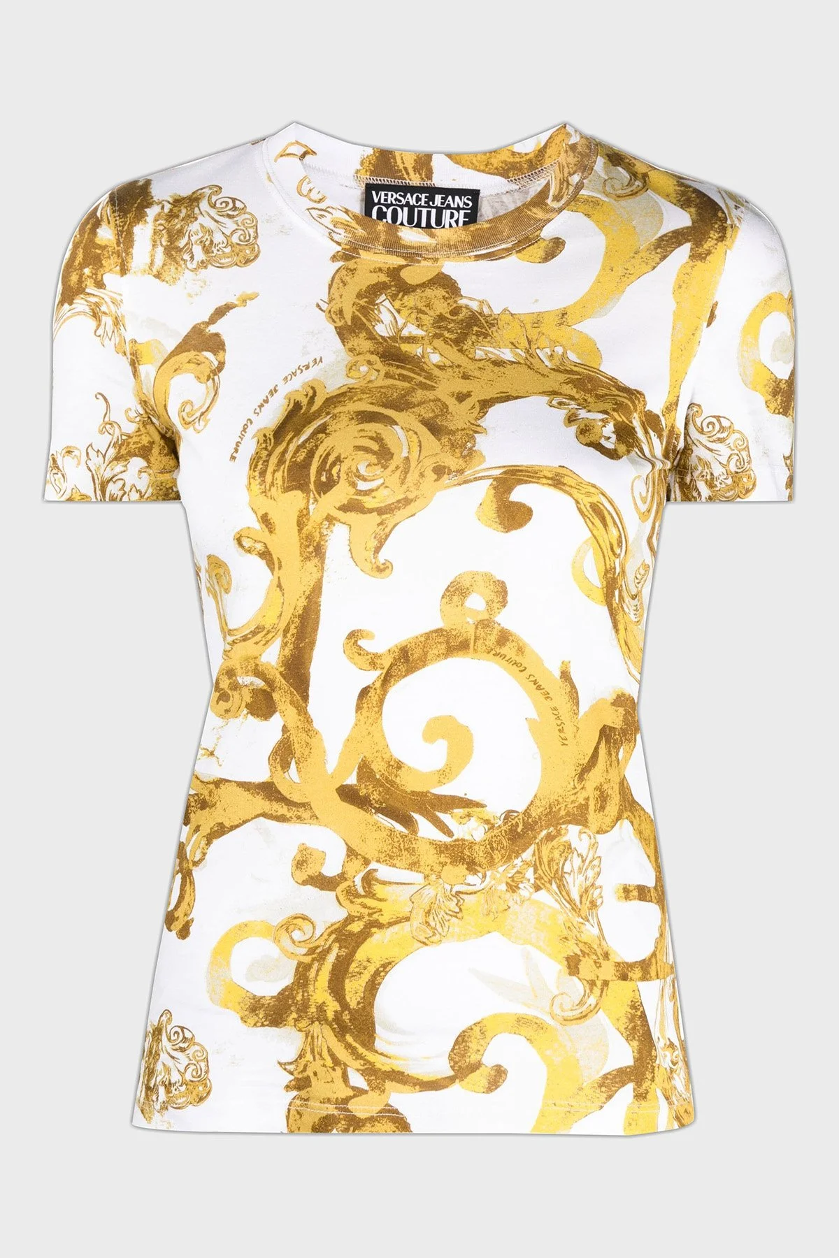 Versace Jeans Couture Desenli Bisiklet Yaka Pamuklu Slim Fit Kadın T Shirt 76HAH6D8 JS287 G03 BEYAZ-GOLD - 5