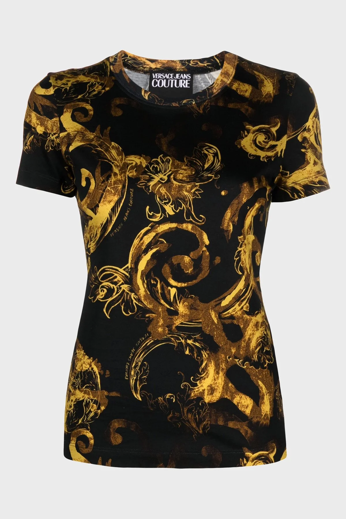 Versace Jeans Couture Desenli Bisiklet Yaka Pamuklu Slim Fit Kadın T Shirt 76HAH6D8 JS287 G89 SİYAH-GOLD - 5