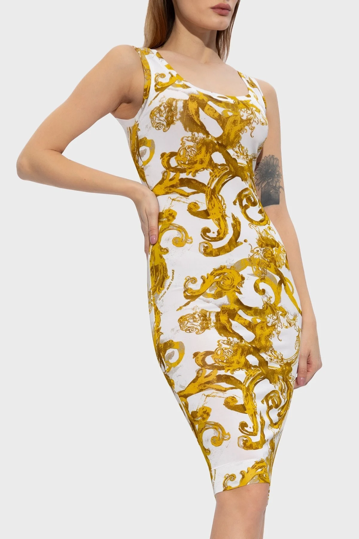 Versace Jeans Couture Desenli Bodycon Bayan Elbise 76HAO9B6 JS291 G03 BEYAZ-GOLD - 1