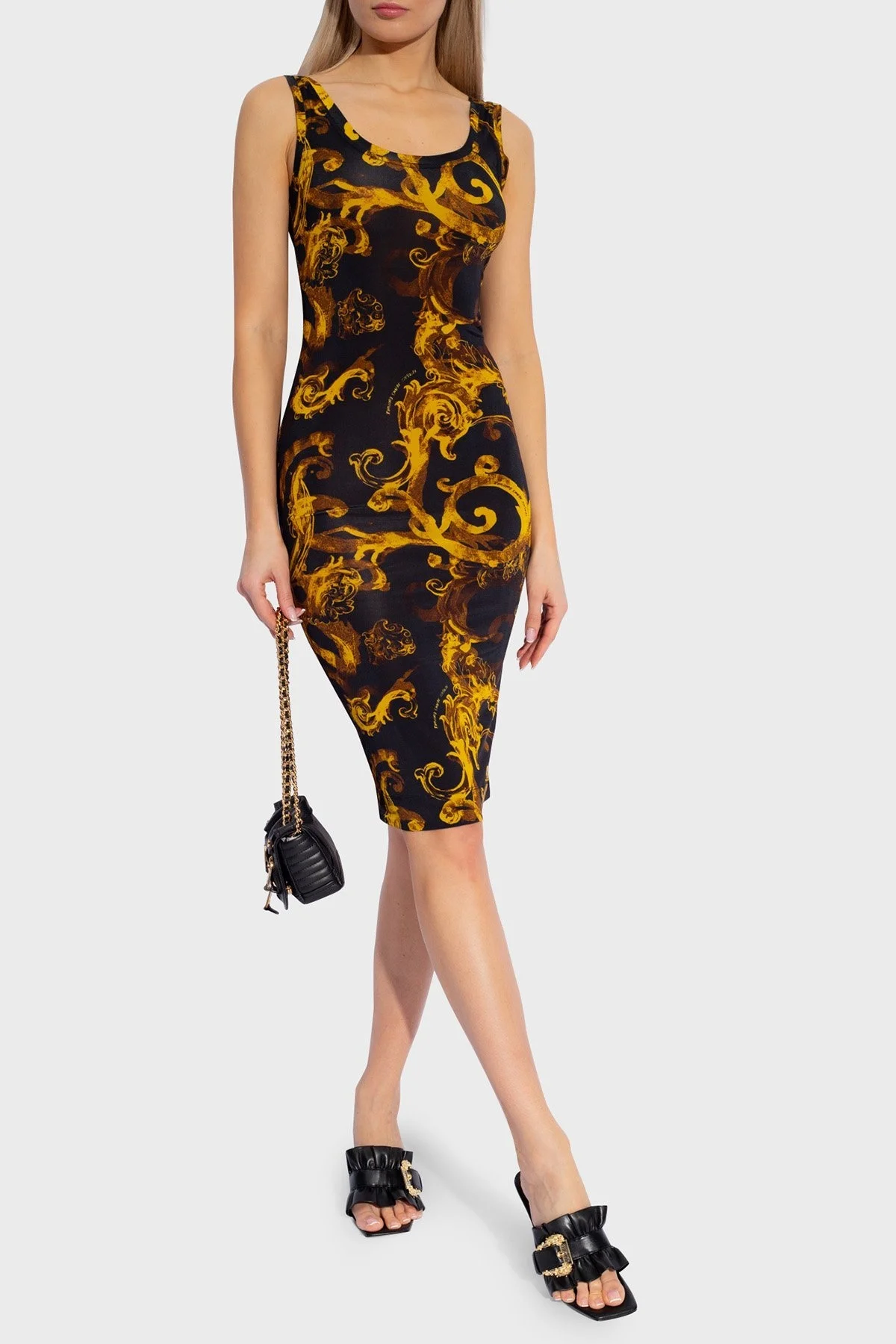 Versace Jeans Couture Desenli Bodycon Bayan Elbise 76HAO9B6 JS291 G89 SİYAH-GOLD - 1