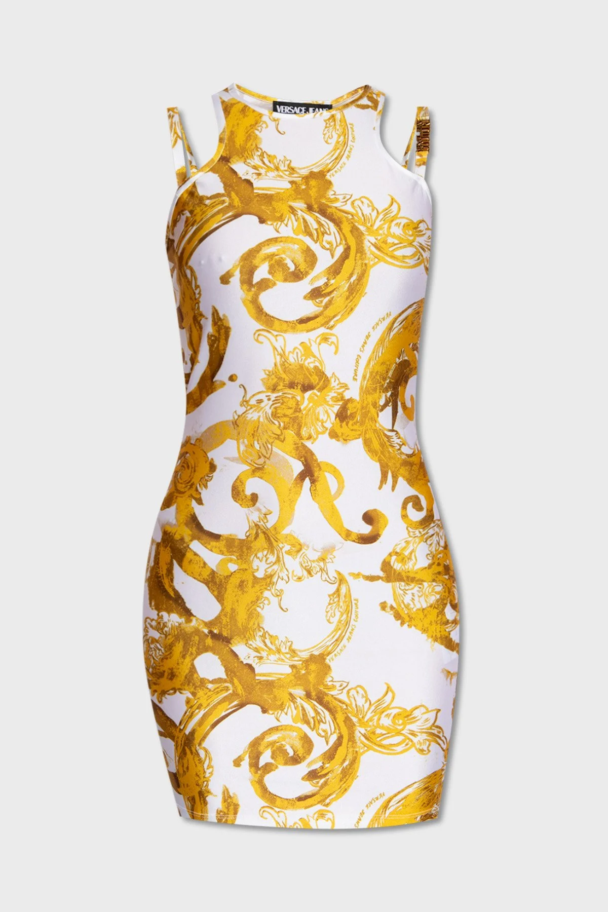 Versace Jeans Couture Desenli Bodycon Mini Kadın Elbise 76HAO944 JS292 G03 BEYAZ-GOLD - 5
