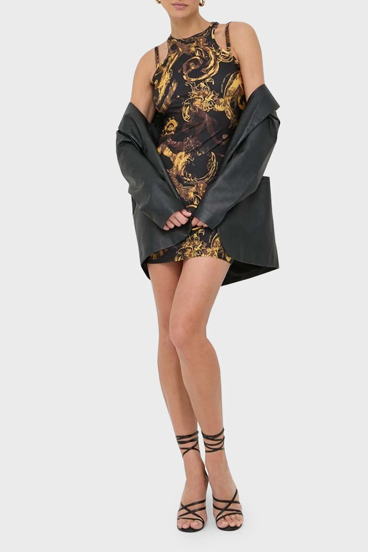 Versace Jeans Couture Desenli Bodycon Mini Bayan Elbise 76HAO944 JS292 G89 SİYAH-GOLD - 3