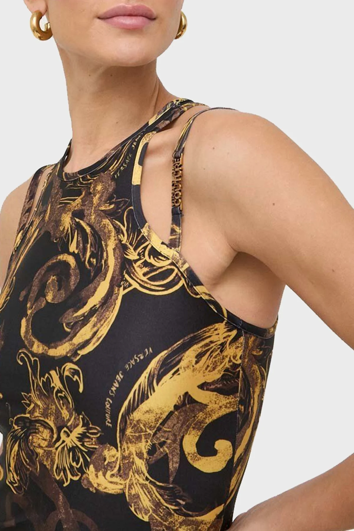 Versace Jeans Couture Desenli Bodycon Mini Bayan Elbise 76HAO944 JS292 G89 SİYAH-GOLD - 4