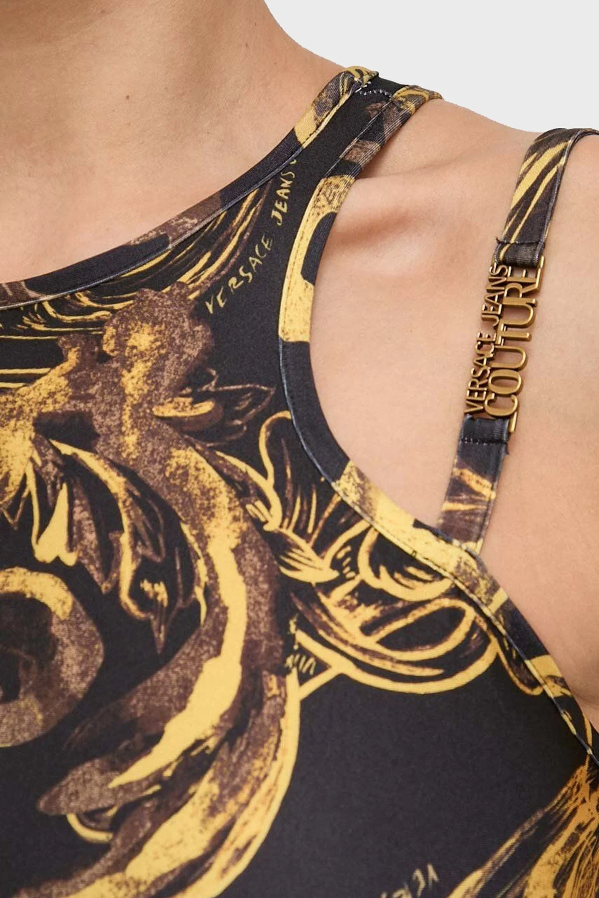 Versace Jeans Couture Desenli Bodycon Mini Bayan Elbise 76HAO944 JS292 G89 SİYAH-GOLD - 5