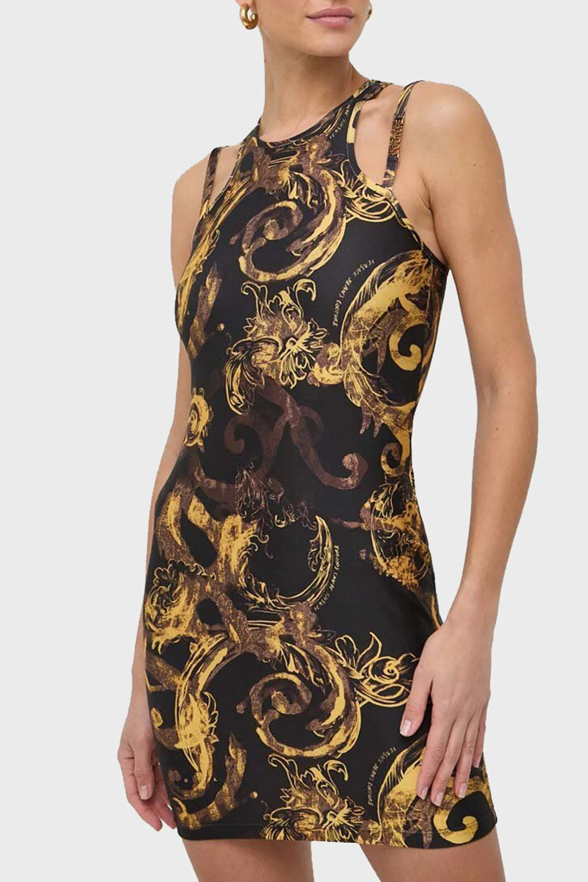 Versace Jeans Couture Desenli Bodycon Mini Kadın Elbise 76HAO944 JS292 G89 SİYAH-GOLD - 1