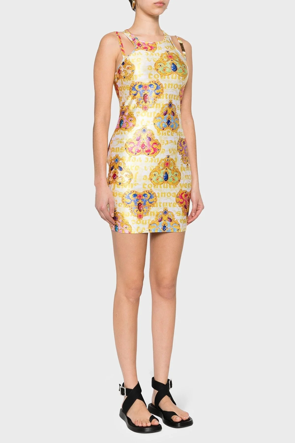 Versace Jeans Couture Desenli Bodycon Mini Bayan Elbise 76HAO944 JS348 G03 BEYAZ-GOLD - 2