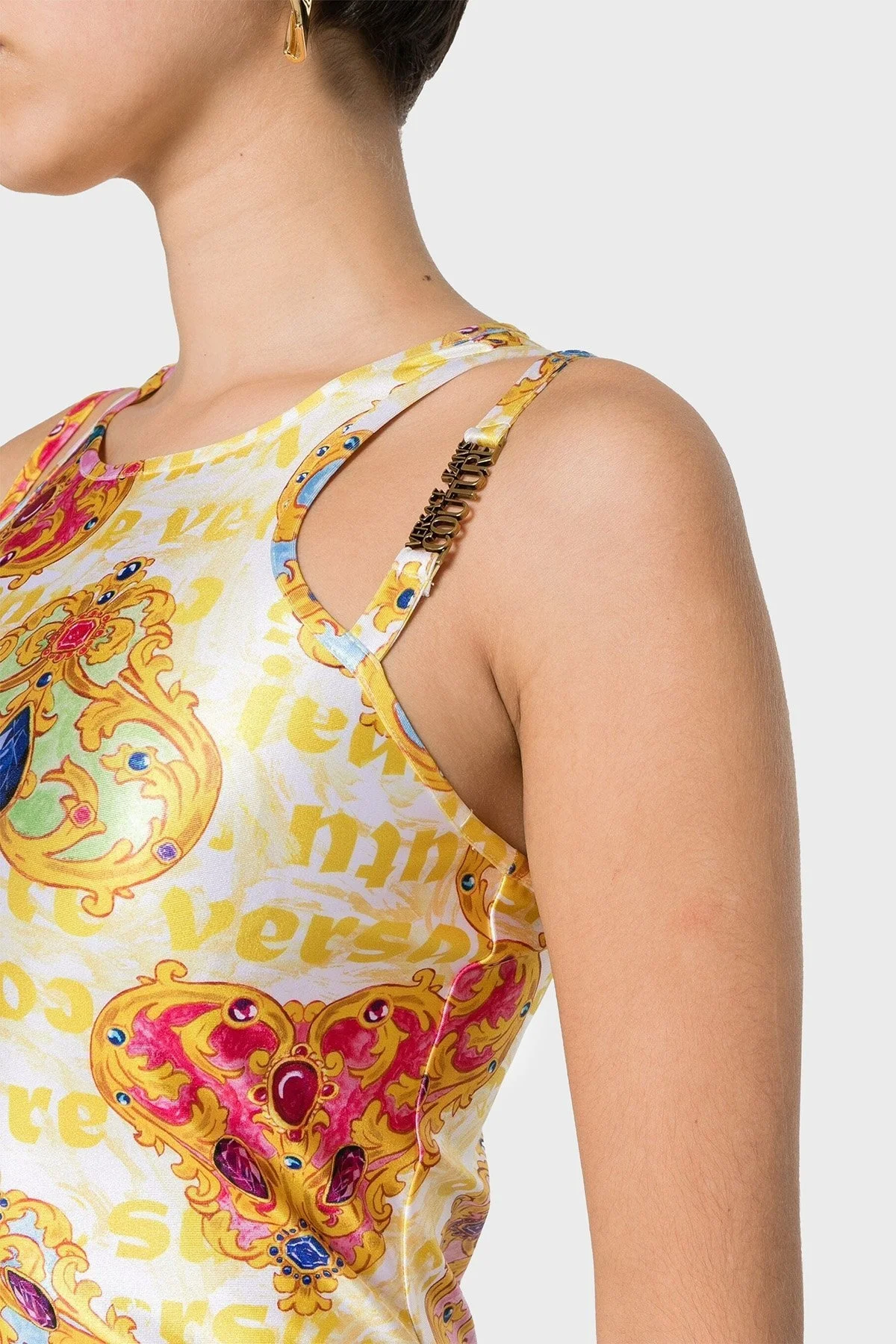 Versace Jeans Couture Desenli Bodycon Mini Bayan Elbise 76HAO944 JS348 G03 BEYAZ-GOLD - 4