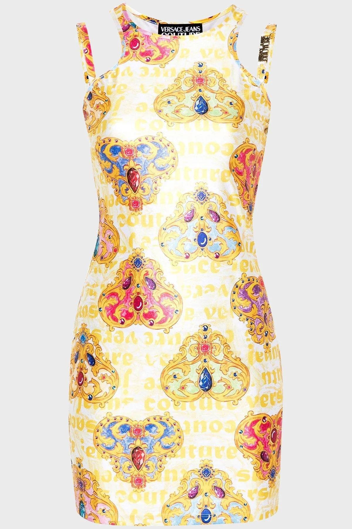 Versace Jeans Couture Desenli Bodycon Mini Bayan Elbise 76HAO944 JS348 G03 BEYAZ-GOLD - 5