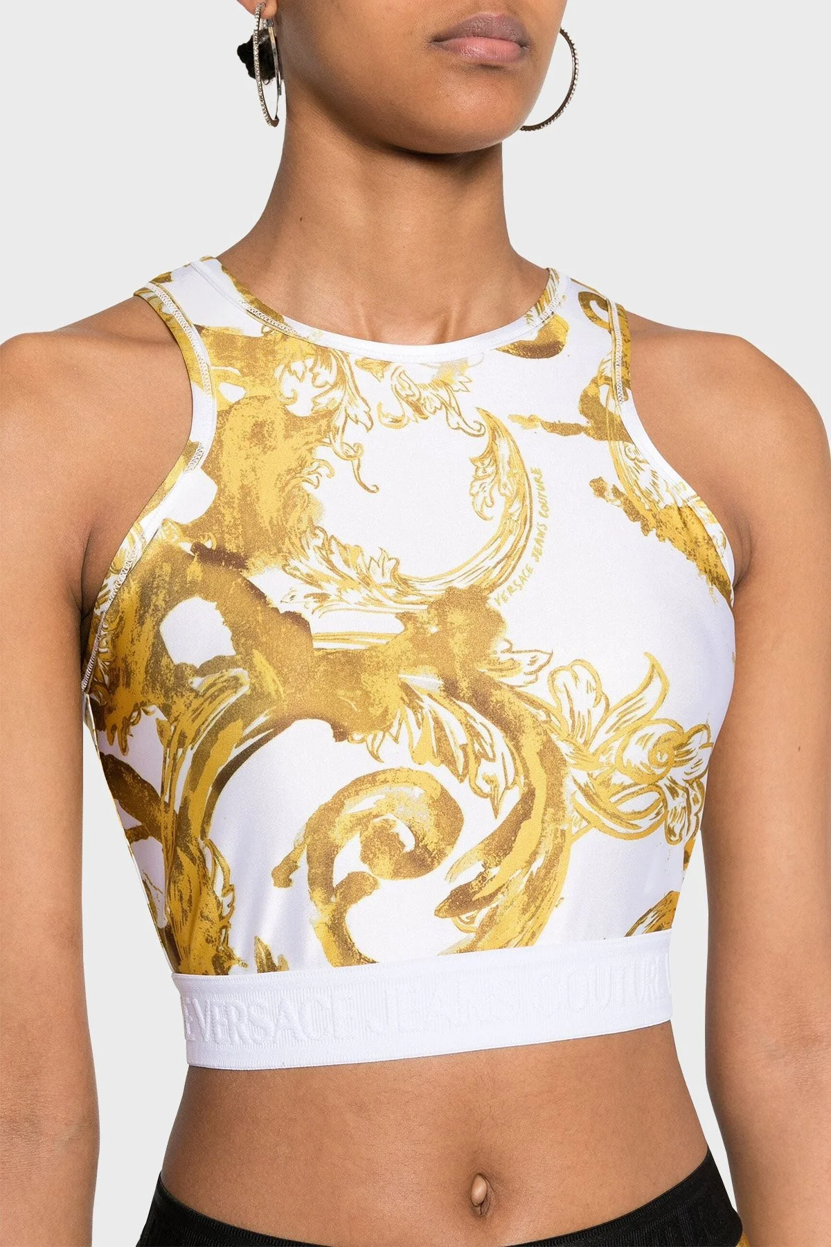 Versace Jeans Couture Desenli Slim Fit Crop Kadın Top 76HAM227 JS292 G03 BEYAZ-GOLD - 1