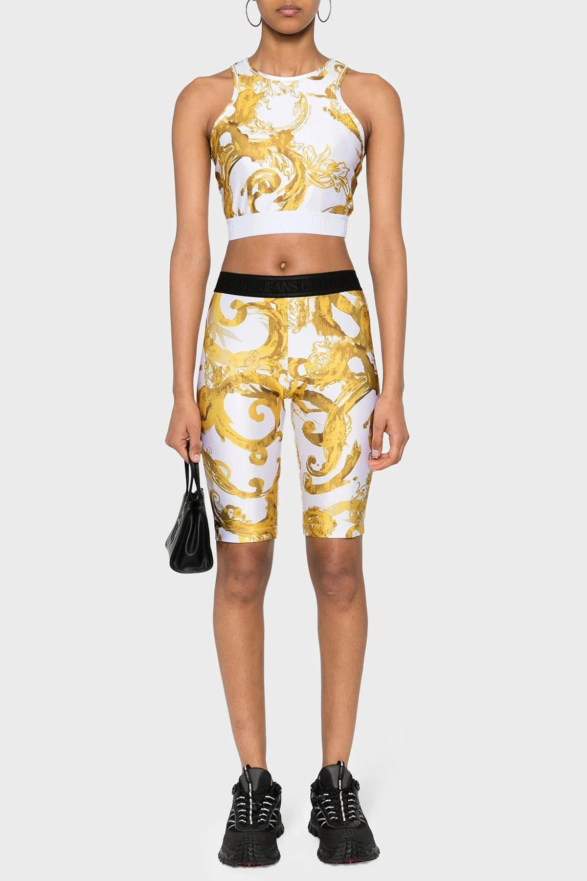 Versace Jeans Couture Desenli Slim Fit Crop Kadın Top 76HAM227 JS292 G03 BEYAZ-GOLD - 3