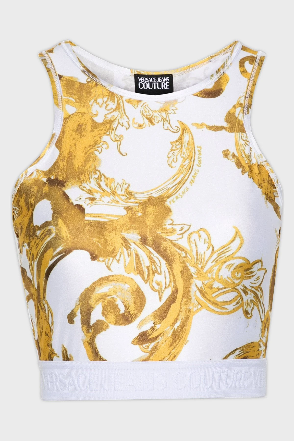 Versace Jeans Couture Desenli Slim Fit Crop Kadın Top 76HAM227 JS292 G03 BEYAZ-GOLD - 5