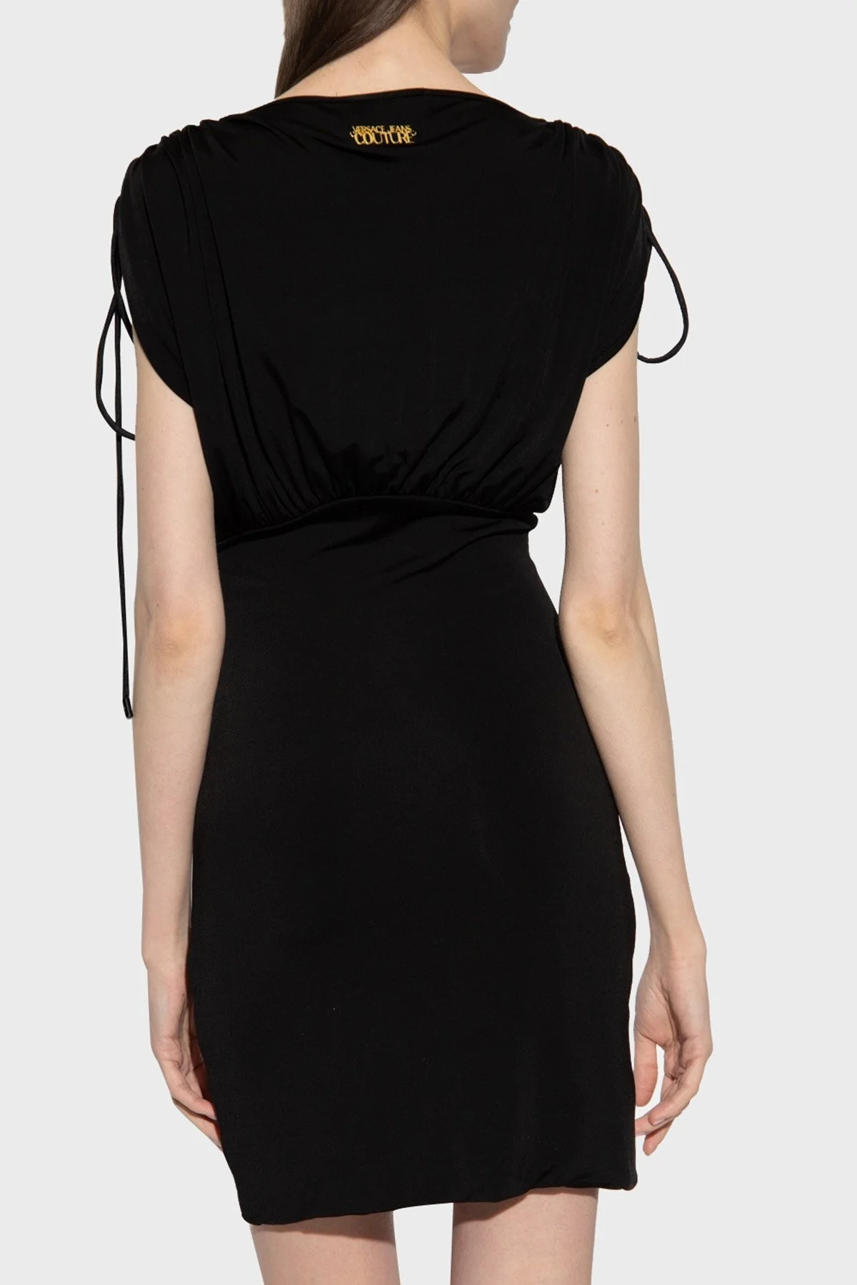 Versace Jeans Couture İpli Büzdürülebilir Kol Tasarımlı V Yaka Regular Fit Mini Bayan Elbise 74HAO921 J0049 899 SİYAH - 3