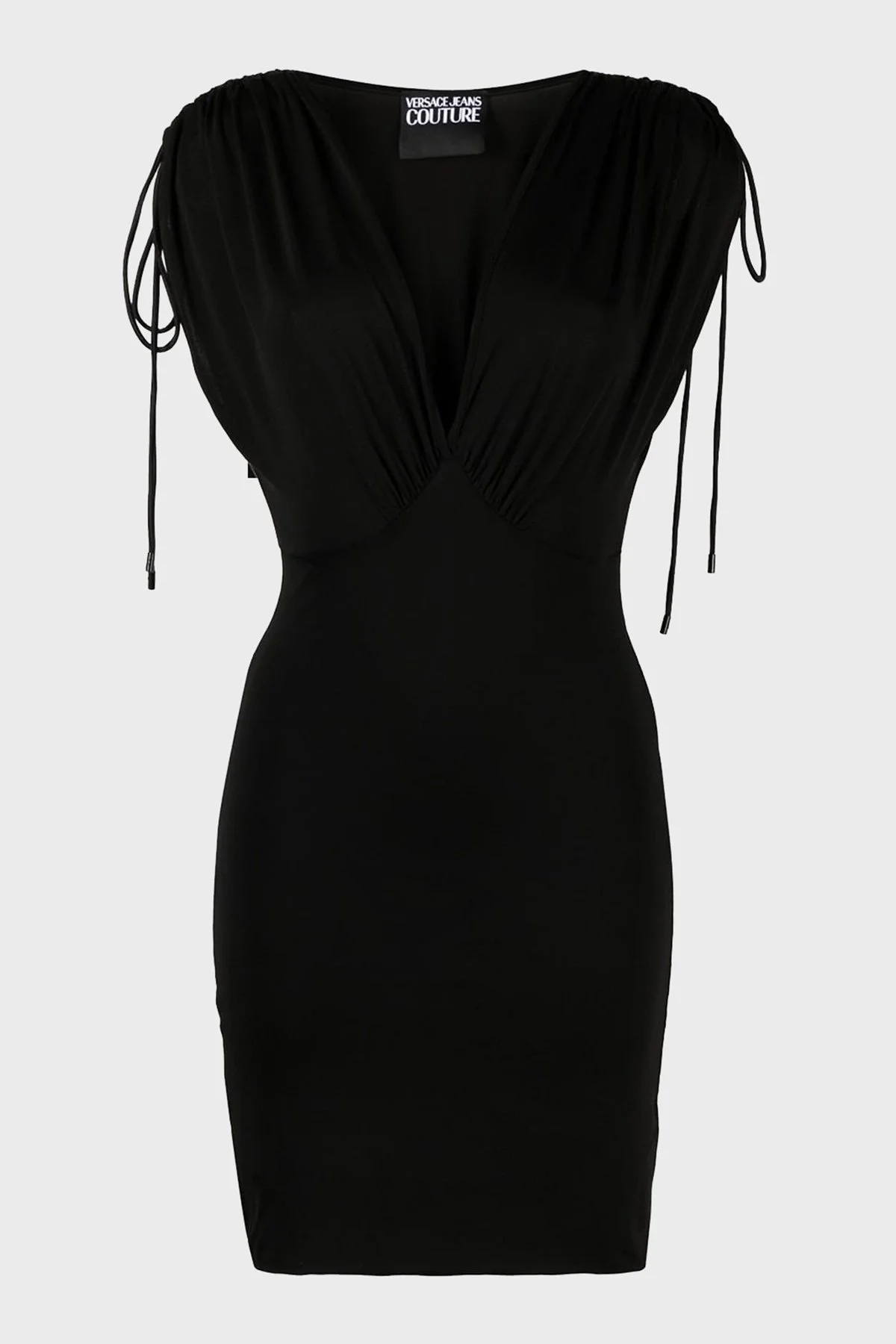 Versace Jeans Couture İpli Büzdürülebilir Kol Tasarımlı V Yaka Regular Fit Mini Bayan Elbise 74HAO921 J0049 899 SİYAH - 4