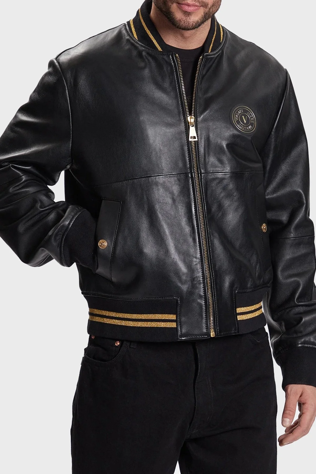 Versace Jeans Couture Kolej Yaka Cepli Logolu Regular Fit Erkek Deri Ceket 74GAVP07 CPPS3 899 SİYAH - 1