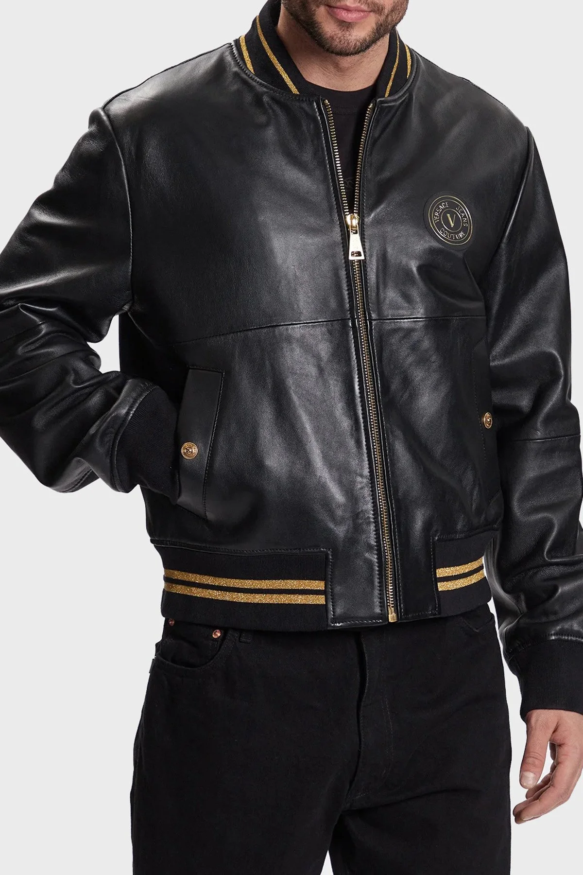 Versace Jeans Couture Kolej Yaka Cepli Logolu Regular Fit Erkek Deri Ceket 74GAVP07 CPPS3 899 SİYAH - 1