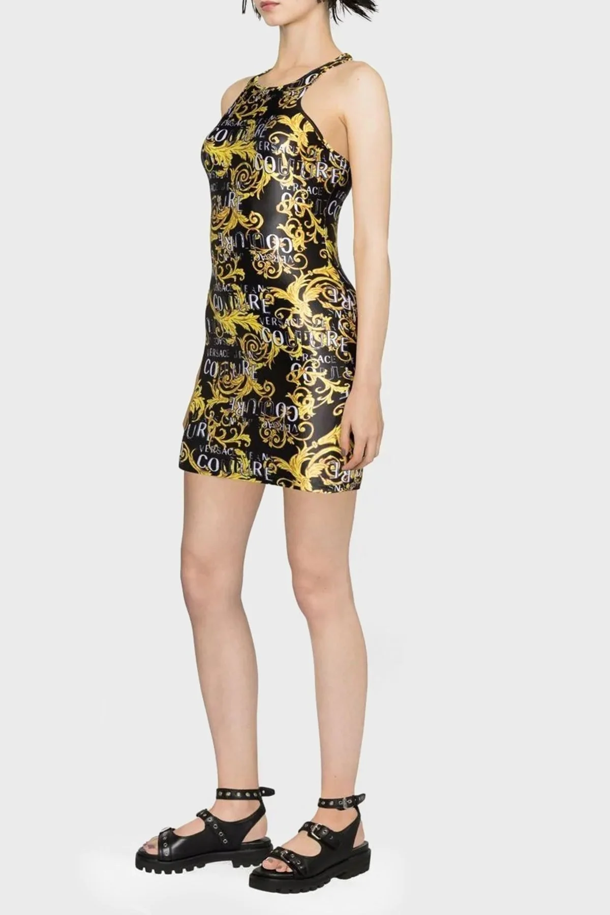 Versace Jeans Couture Logo Desen Baskılı Bisiklet Yaka Slim Fit Bodycon Mini Bayan Elbise 74HAO944 JS178 G89 SİYAH-GOLD - 3