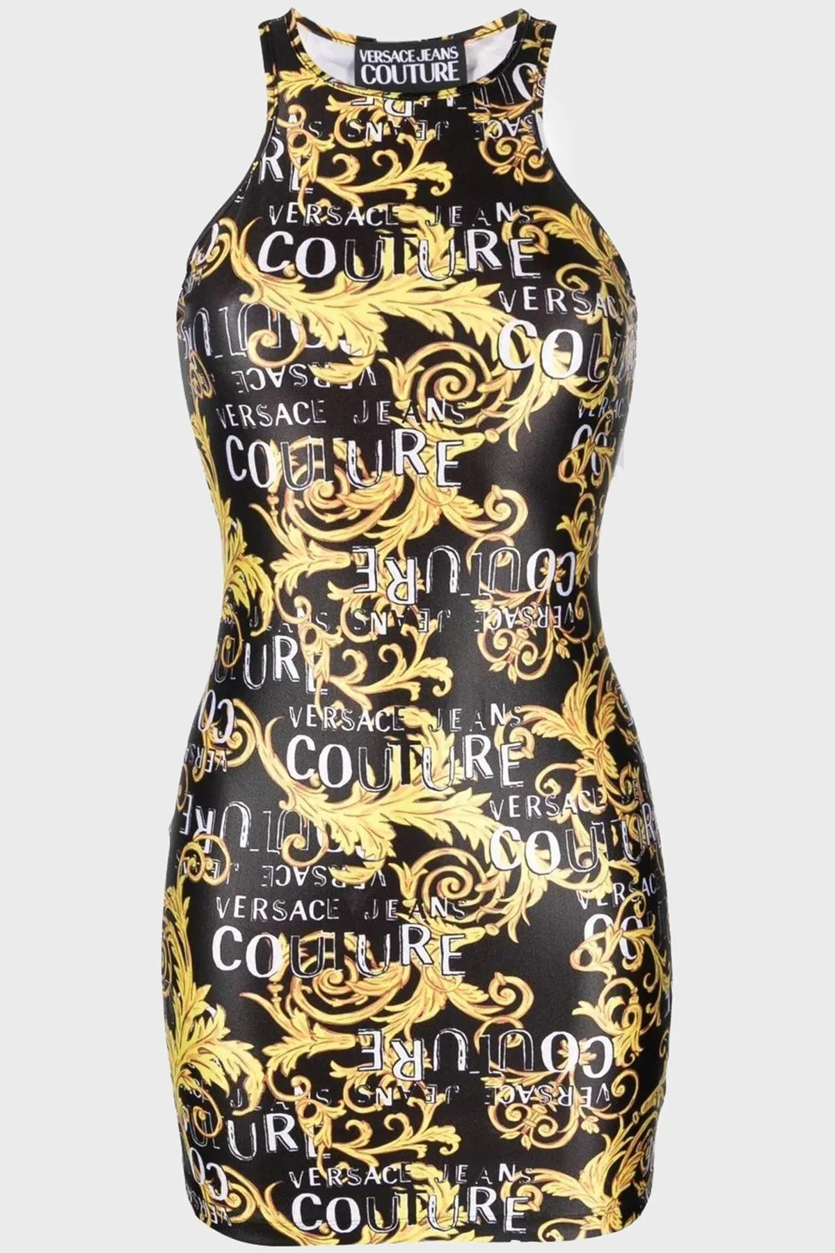 Versace Jeans Couture Logo Desen Baskılı Bisiklet Yaka Slim Fit Bodycon Mini Bayan Elbise 74HAO944 JS178 G89 SİYAH-GOLD - 4