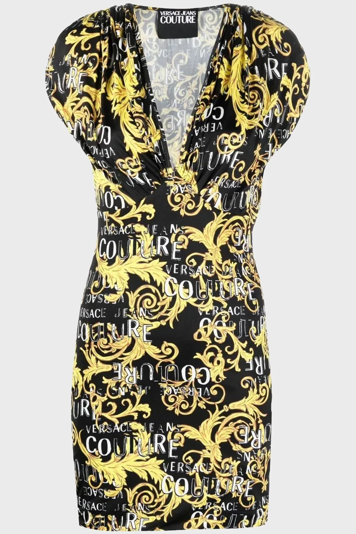 Versace Jeans Couture Logo Desen Baskılı V Yaka Göğüs Dekolteli Slim Fit Mini Bayan Elbise 74HAO921 JS162 G89 SİYAH-GOLD - 6