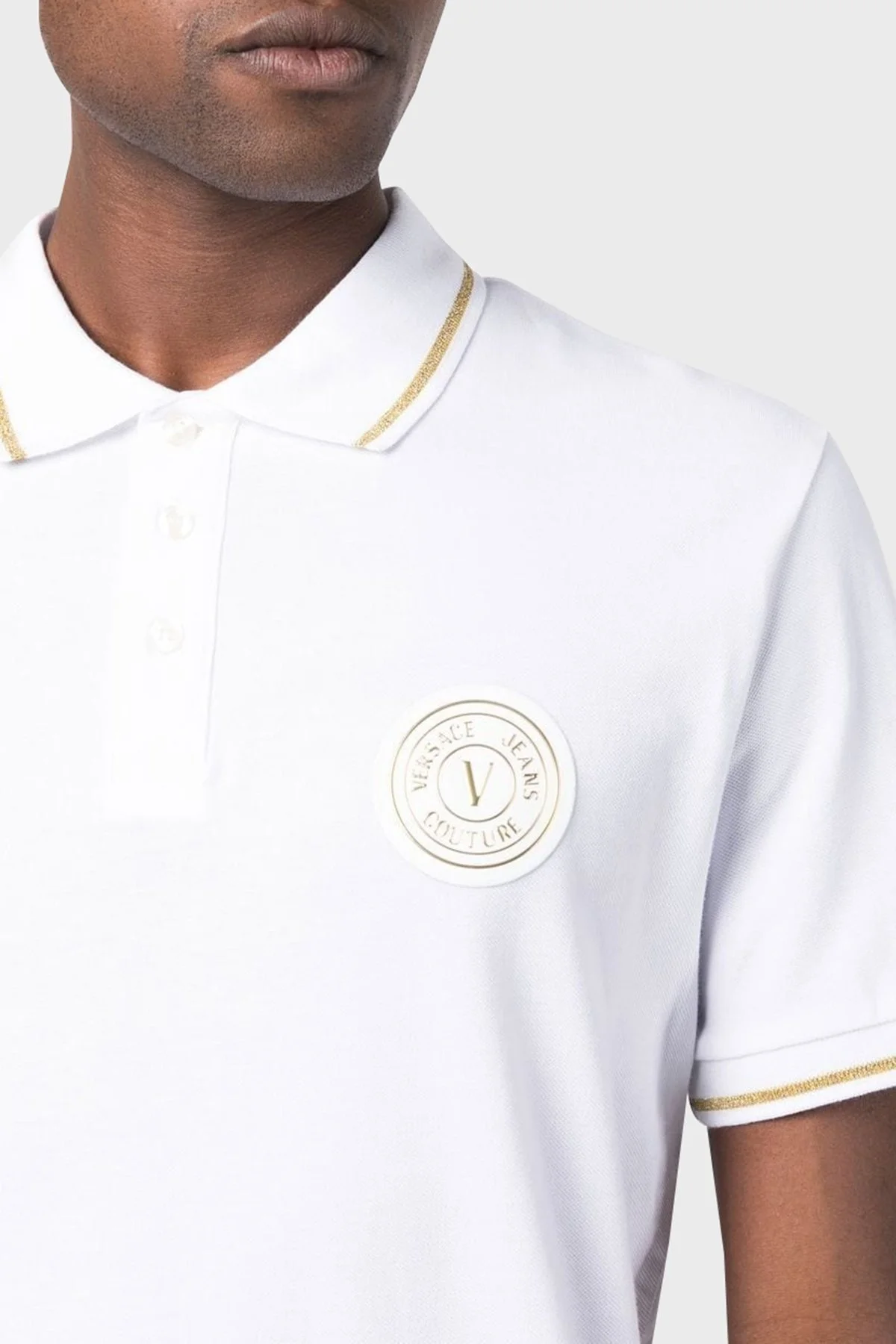 Versace Jeans Couture Logolu % 100 Pamuk Slim Fit Erkek Polo Yaka T Shirt 74GAGT08 CJ01T G03 BEYAZ - 5