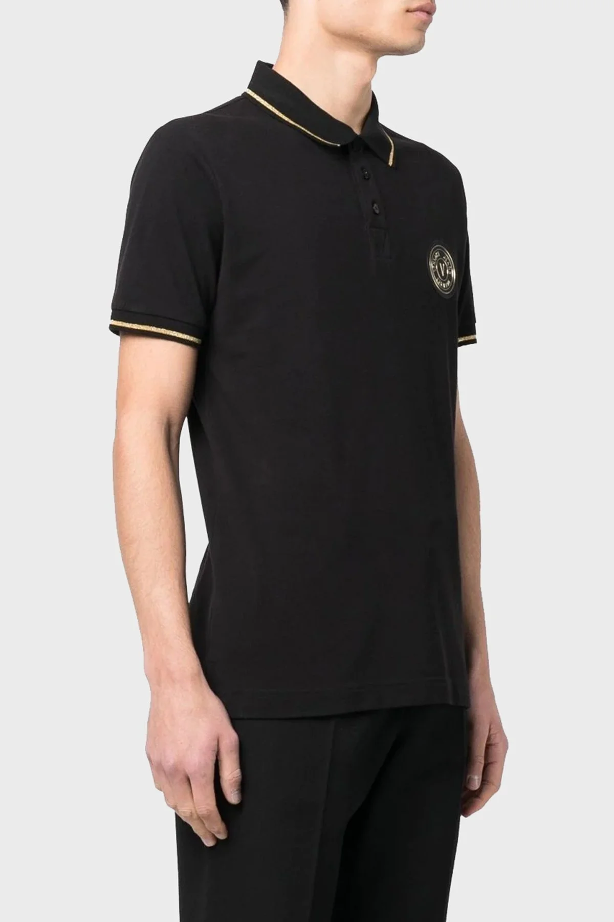 Versace Jeans Couture Logolu % 100 Pamuk Slim Fit Erkek Polo Yaka T Shirt 74GAGT08 CJ01T G89 SİYAH - 1