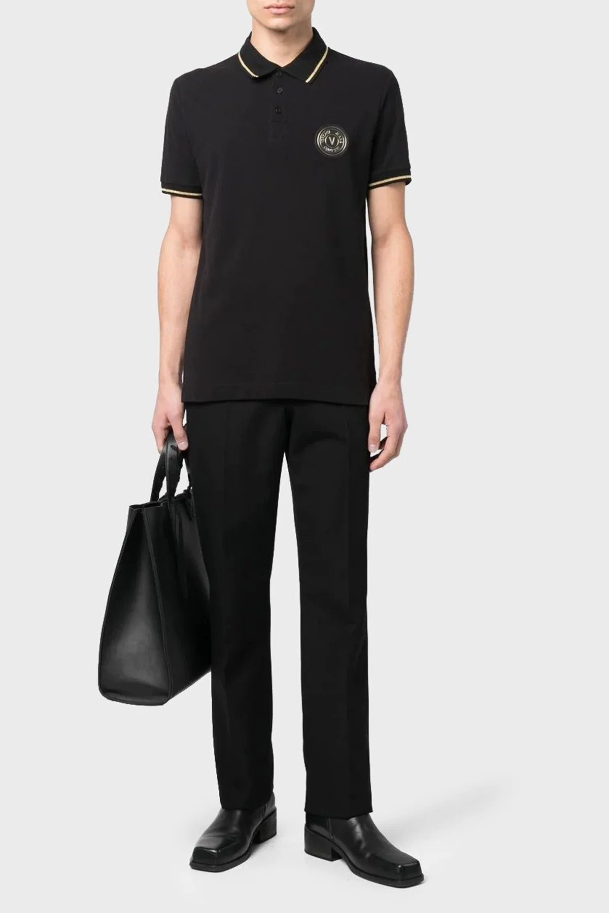 Versace Jeans Couture Logolu % 100 Pamuk Slim Fit Erkek Polo Yaka T Shirt 74GAGT08 CJ01T G89 SİYAH - 3