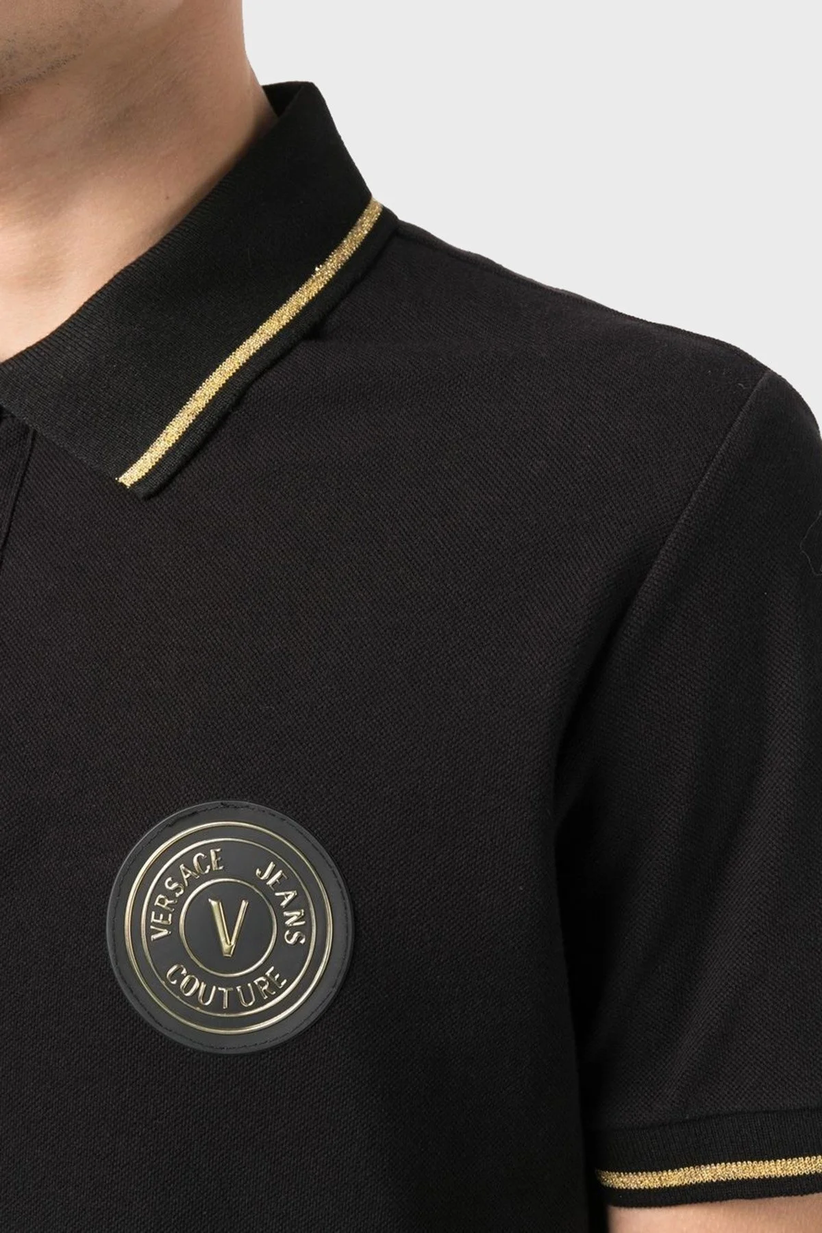 Versace Jeans Couture Logolu % 100 Pamuk Slim Fit Erkek Polo Yaka T Shirt 74GAGT08 CJ01T G89 SİYAH - 5