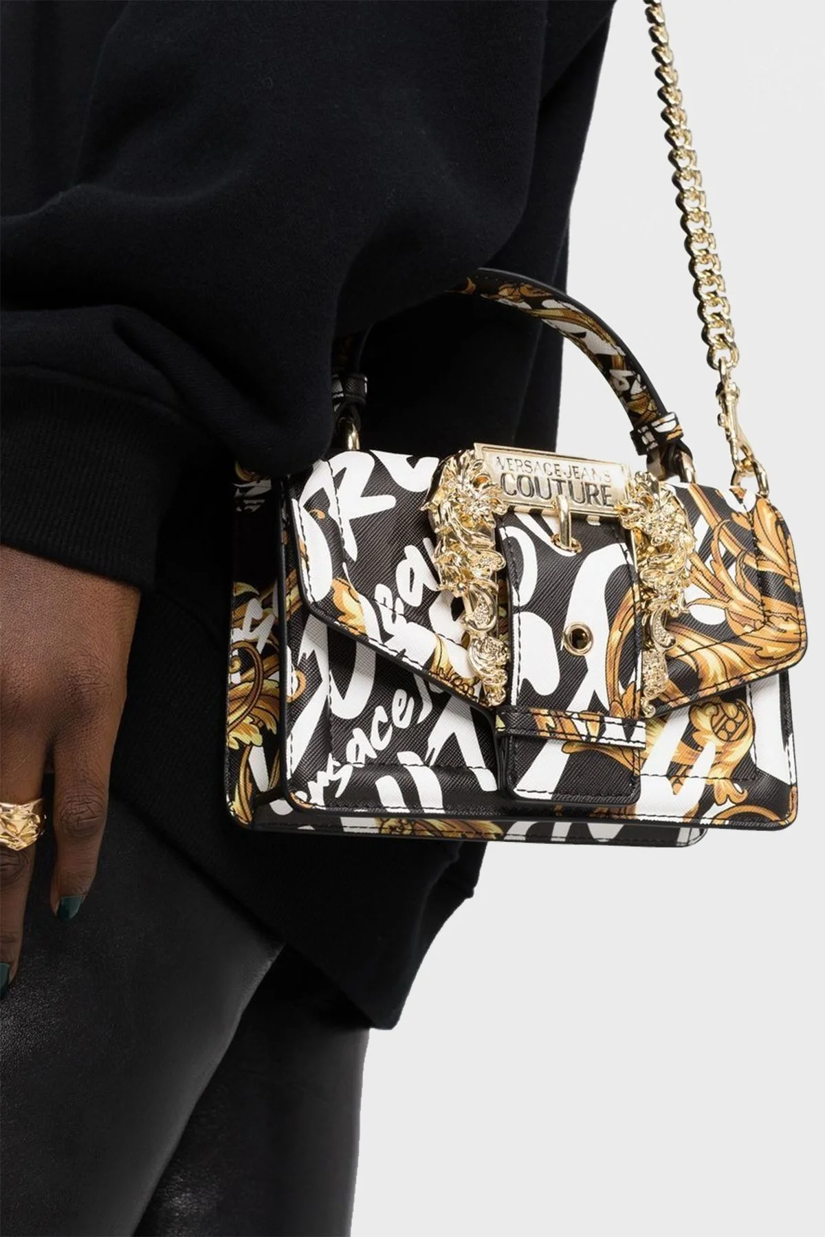Versace Jeans Couture Logolu Barok Desenli Zincir Askılı Bayan Çanta 73VA4BF6 ZS414 G89 SİYAH-BEYAZ - 2