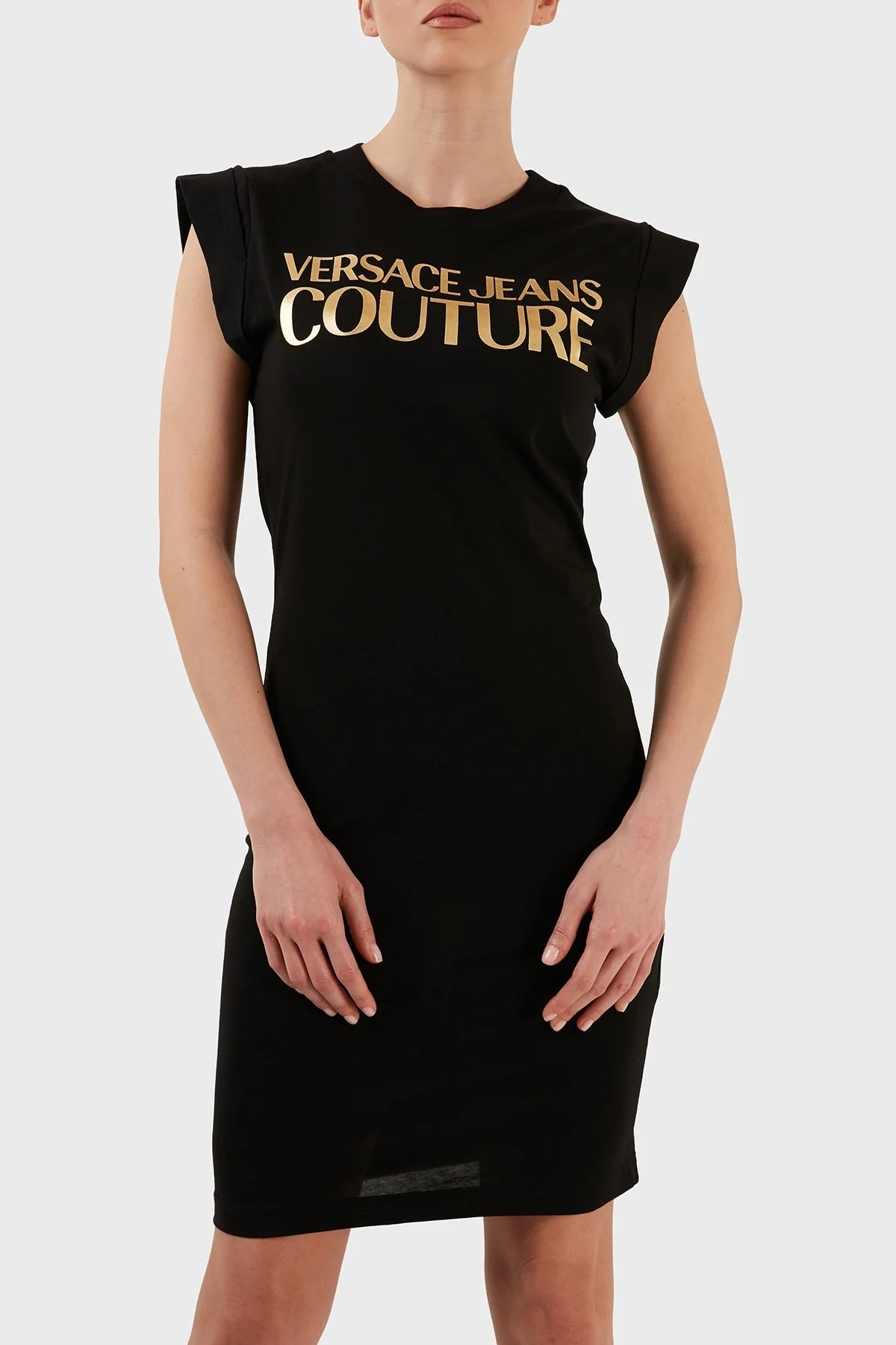 Versace Jeans Couture Logolu Bisiklet Yaka Kısa Kollu % 100 Pamuk Dar Kesim Bayan Elbise 72HAOT09 CJ00T G89 SİYAH - 1