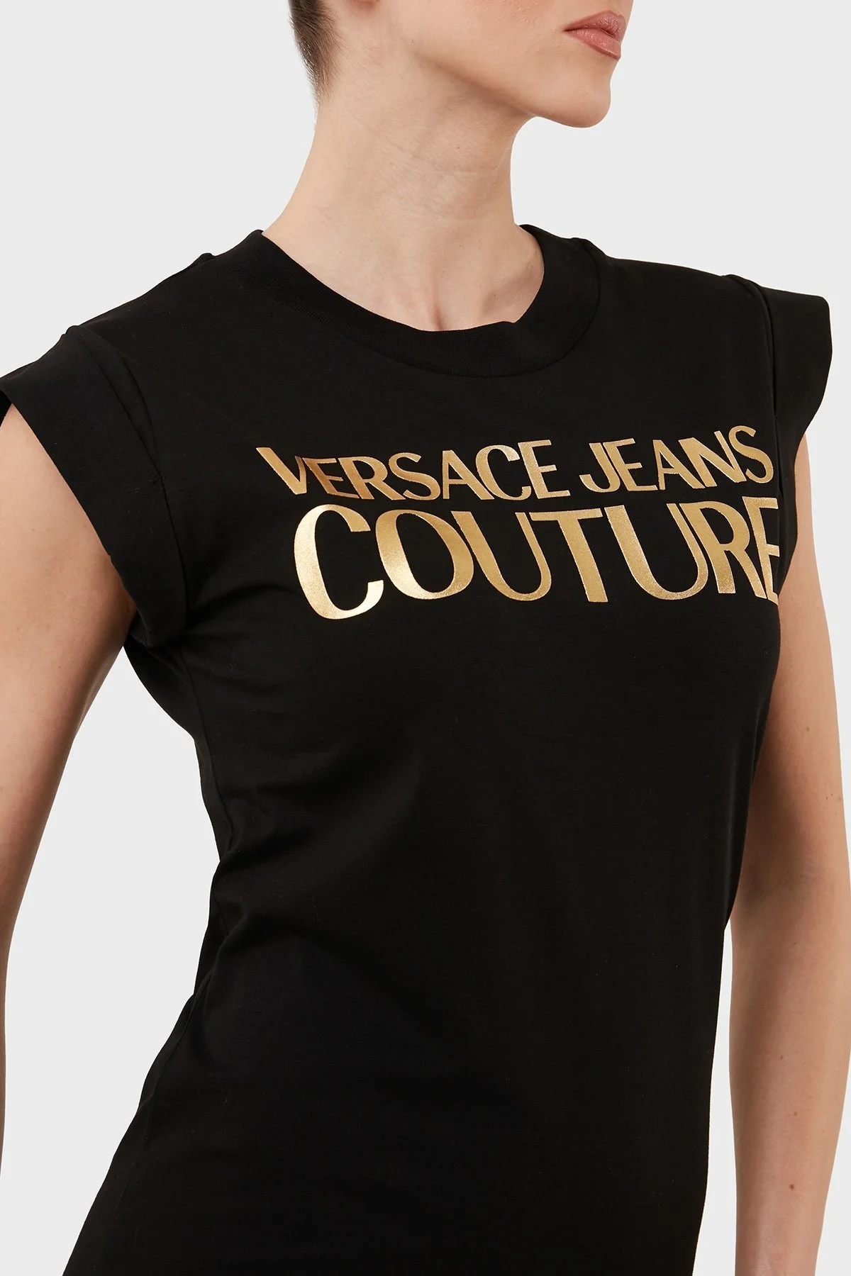 Versace Jeans Couture Logolu Bisiklet Yaka Kısa Kollu % 100 Pamuk Dar Kesim Bayan Elbise 72HAOT09 CJ00T G89 SİYAH - 4