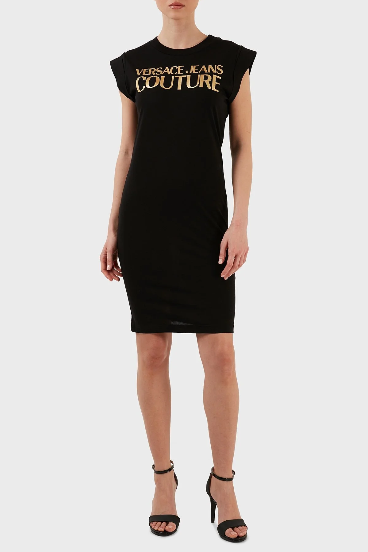 Versace Jeans Couture Logolu Bisiklet Yaka Kısa Kollu % 100 Pamuk Dar Kesim Bayan Elbise 72HAOT09 CJ00T G89 SİYAH - 6