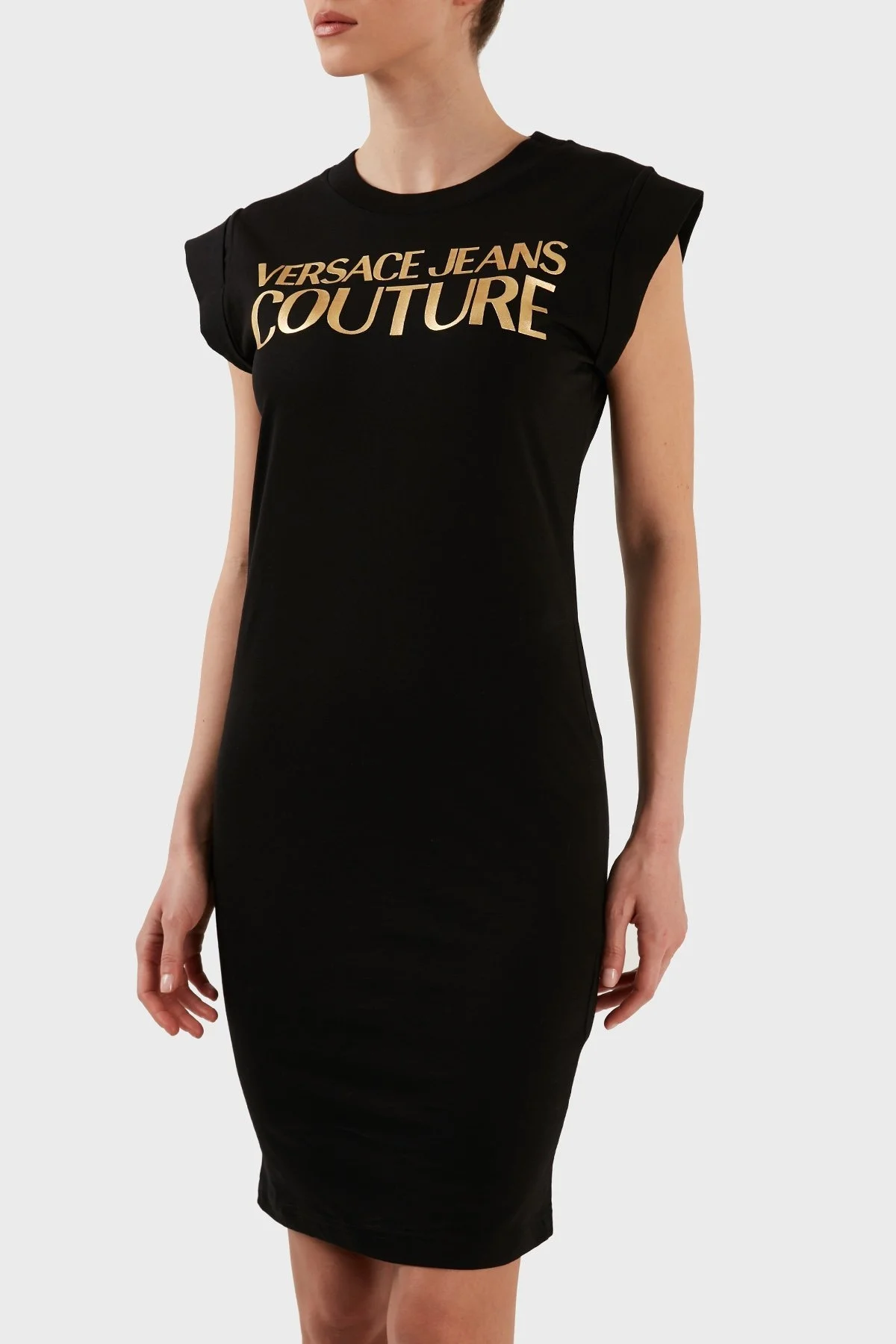 Versace Jeans Couture Logolu Bisiklet Yaka Kısa Kollu % 100 Pamuk Dar Kesim Bayan Elbise 72HAOT09 CJ00T G89 SİYAH - 7