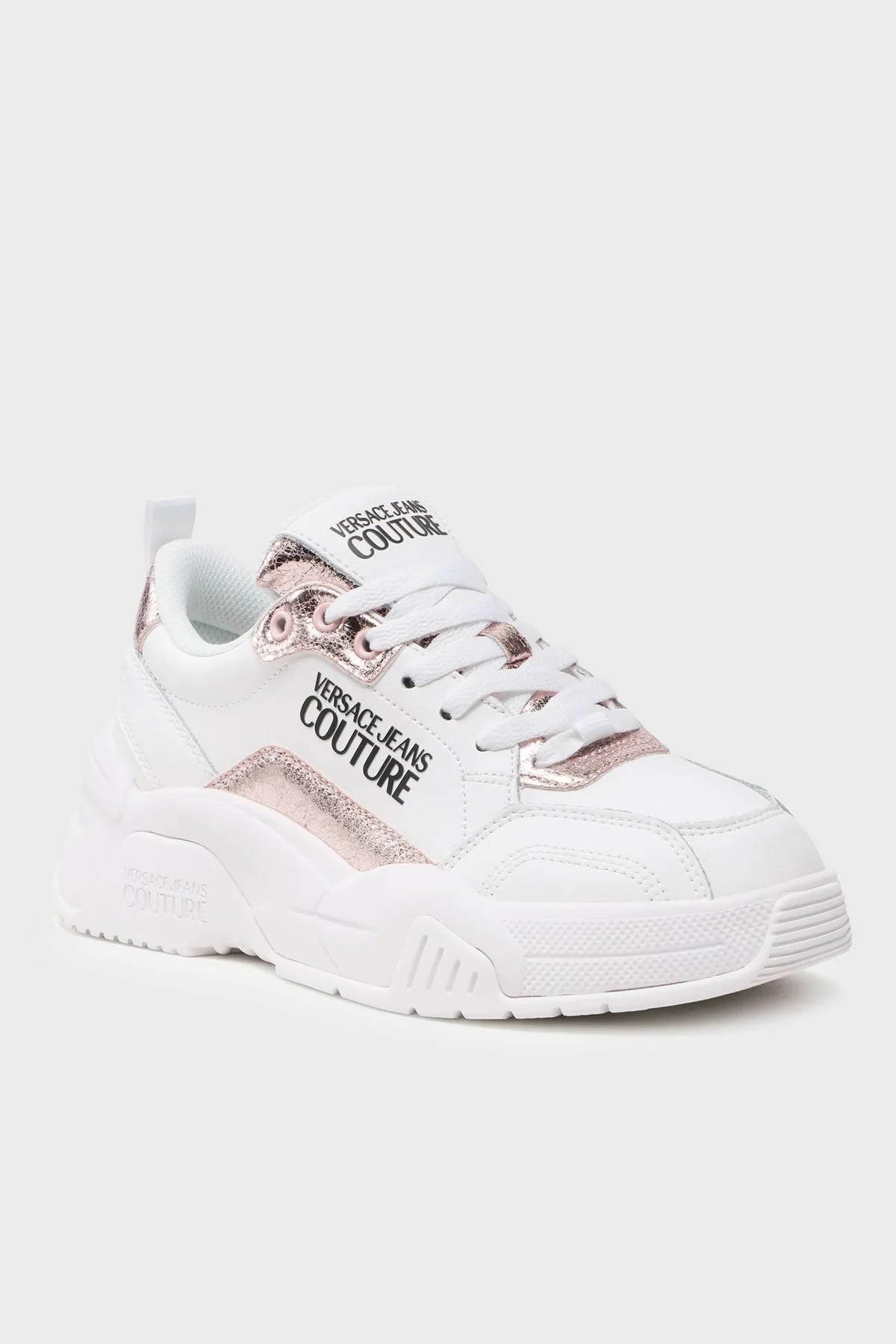 Versace Jeans Couture Logolu Kalın Tabanlı Deri Sneaker Bayan Ayakkabı 74VA3SF4 ZP267 PX7 BEYAZ-PEMBE - 2