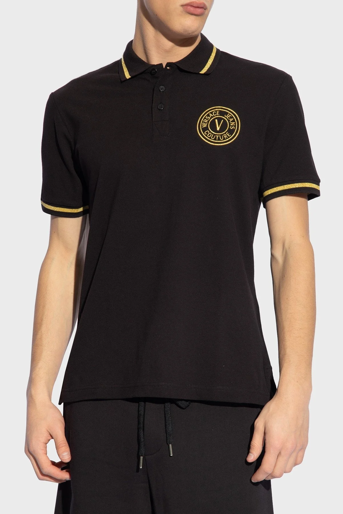 Versace Jeans Couture Logolu Pamuklu Regular Fit Erkek Polo Yaka T Shirt 76GAGT02 CJ01T G89 SİYAH - 1
