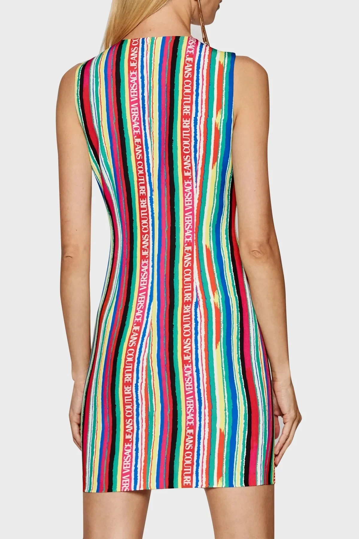 Versace Jeans Couture logolu Regular Fit Bisiklet Yaka Çizgili Bayan Elbise 71HAO901 NS022 MC2 MAVİ-KIRMIZI - 3