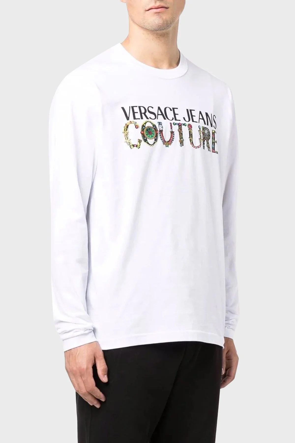 Versace Jeans Couture Logolu Regular Fit Bisiklet Yaka Pamuklu Uzun Kollu Erkek T Shirt 71GAHF06 CJ00F 003 BEYAZ - 1