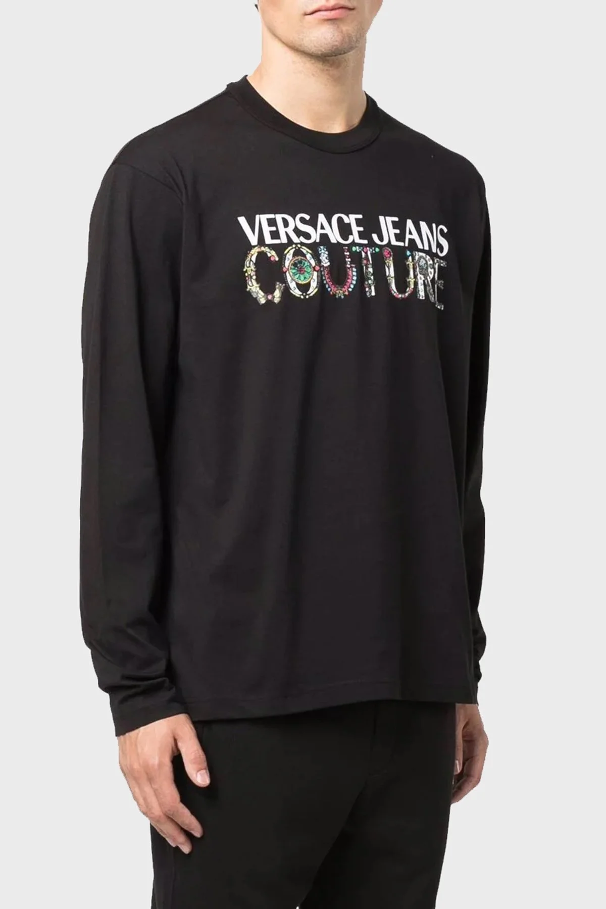 Versace Jeans Couture Logolu Regular Fit Bisiklet Yaka Pamuklu Uzun Kollu Erkek T Shirt 71GAHF06 CJ00F 899 SİYAH - 1