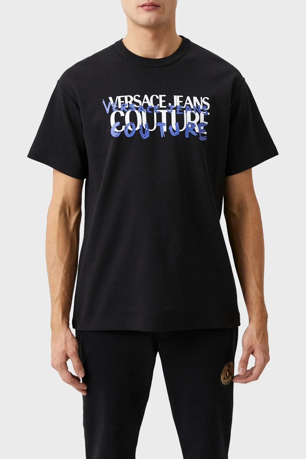 Versace Jeans Couture Pamuklu Bisiklet Yaka Erkek T Shirt 74GAHF02 CJ01F 899 SİYAH - 1