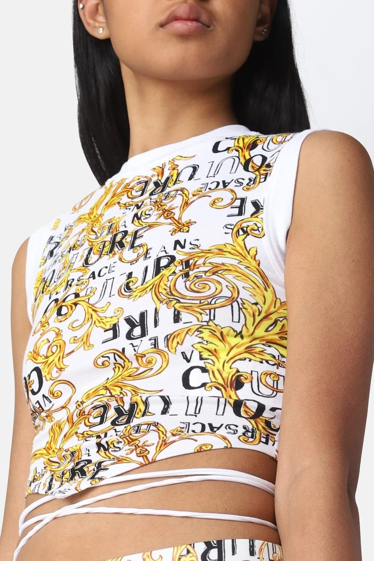 Versace Jeans Couture Pamuklu Bisiklet Yaka Fitted Vücuda Oturan Bayan Top 74HAM603 JS160 G03 BEYAZ - 4