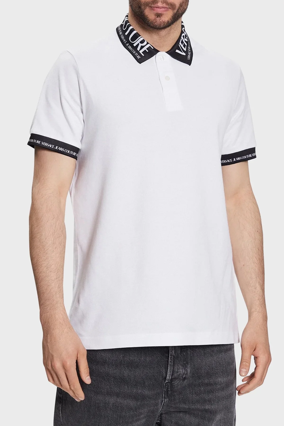 Versace Jeans Couture Pamuklu Düğmeli Erkek Polo Yaka T Shirt 74GAGT02 CJ01T 003 BEYAZ - 1