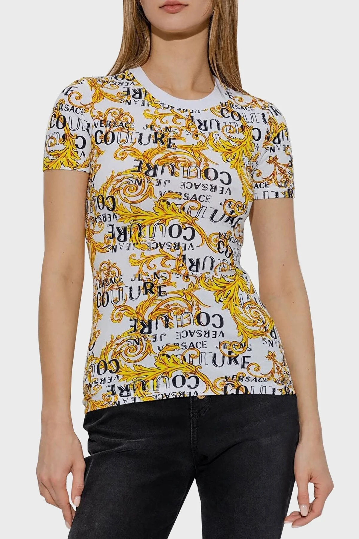 Versace Jeans Couture Pamuklu Logo Baskı Desenli Bisiklet Yaka Regular Fit Bayan T Shirt 74HAH608 JS160 G03 BEYAZ - 1