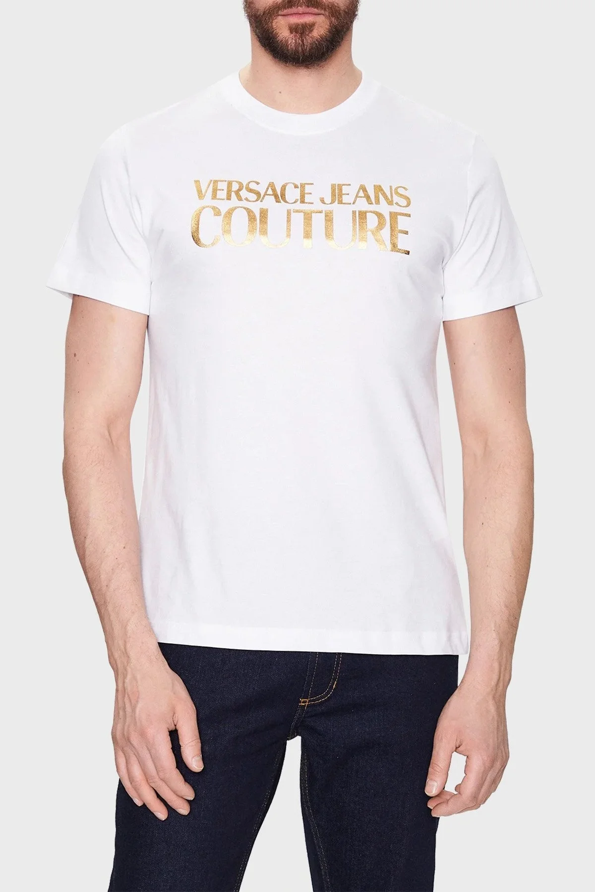 Versace Jeans Couture Pamuklu Logo Baskılı Bisiklet Yaka Regular Fit Erkek T Shirt 74GAHT01 CJ00T G03 BEYAZ - 1