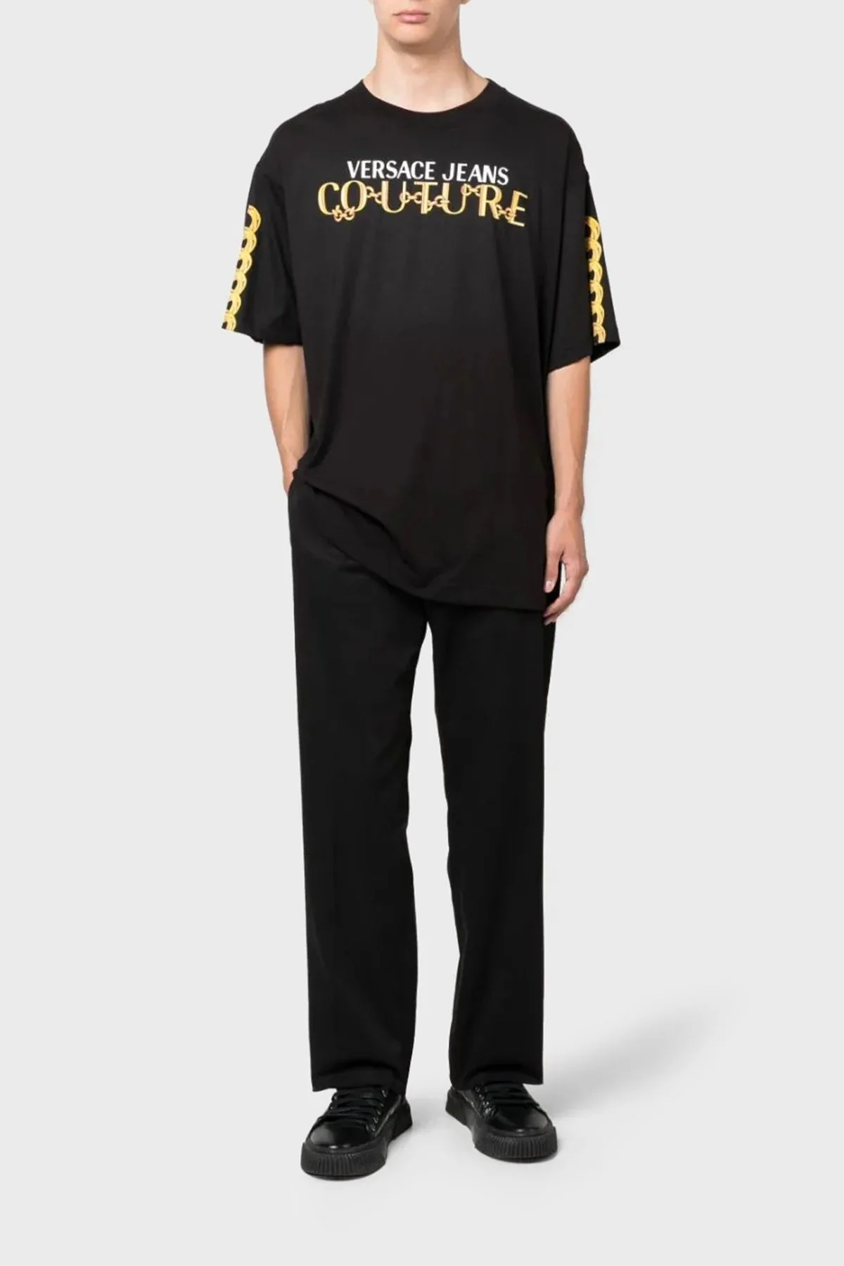 Versace Jeans Couture Pamuklu Oversize Erkek T Shirt 75GAHF01 CJ00F G89 SİYAH GOLD - 7