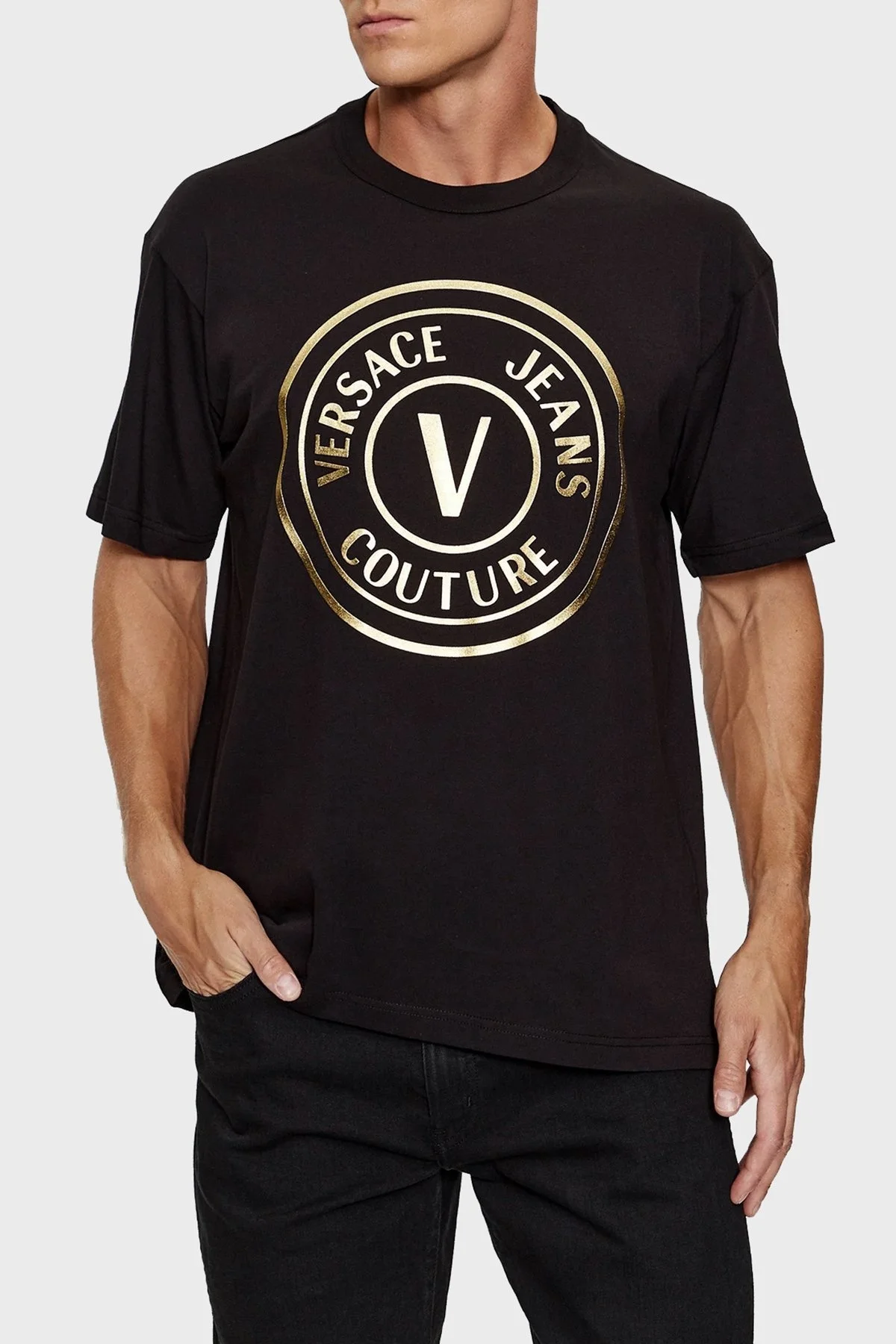 Versace Jeans Couture Pamuklu Oversize Erkek T Shirt 75GAHT05 CJ00T G89 SİYAH - 1